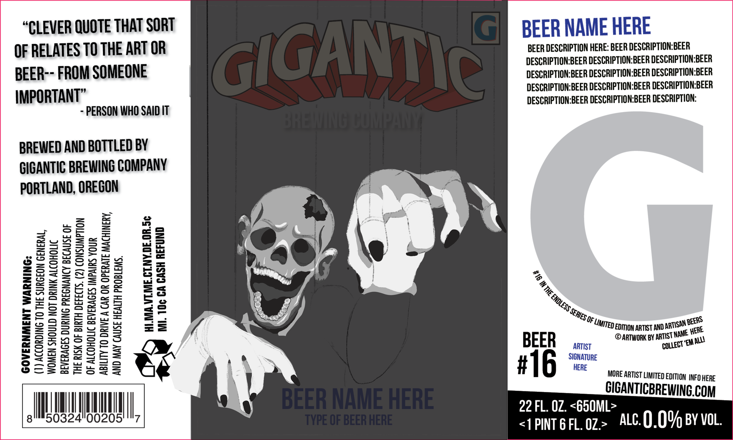 A label with a dark gray background featuring a skeleton wearing sunglasses and a black jacket, smiling and pointing forward. The label has sections for beer information, with spaces for the beer's name, type, artist signature, and more. It includes a quote about beer, warnings, and a barcode at the bottom.
