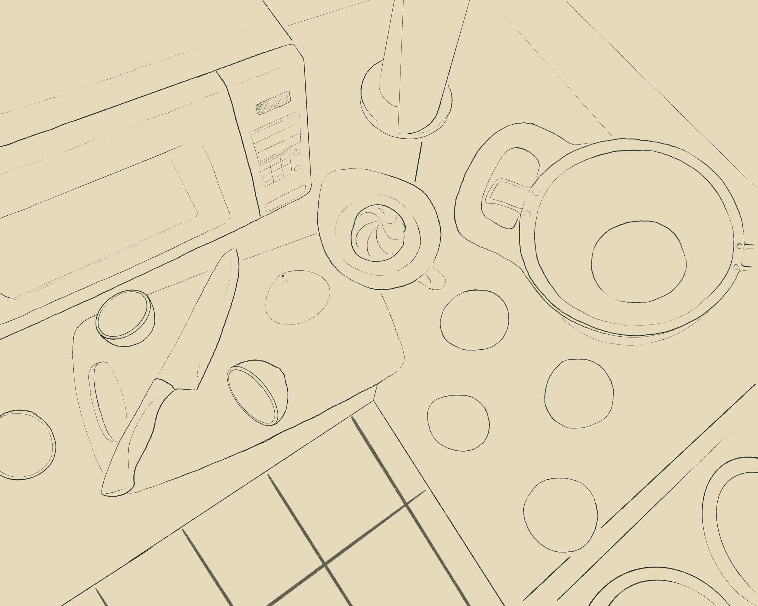 Sketch of a car dashboard and steering wheel seen from above, in a simple line drawing style.