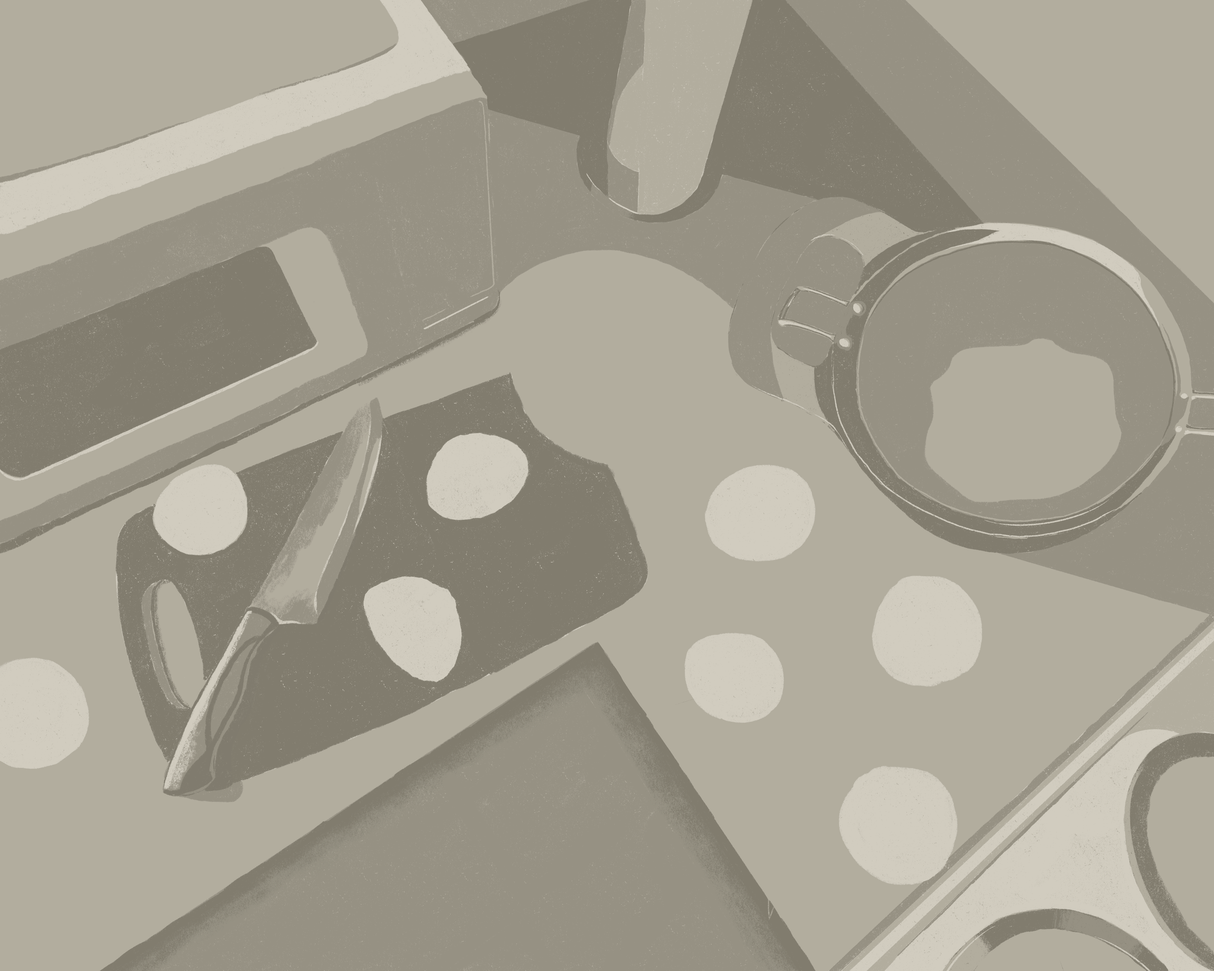 A top-down view of baking ingredients and tools, including a kangaroo-shaped cookie cutter, a bowl of dough or batter, a rolling pin, a spatula, and round cookies on a baking sheet.