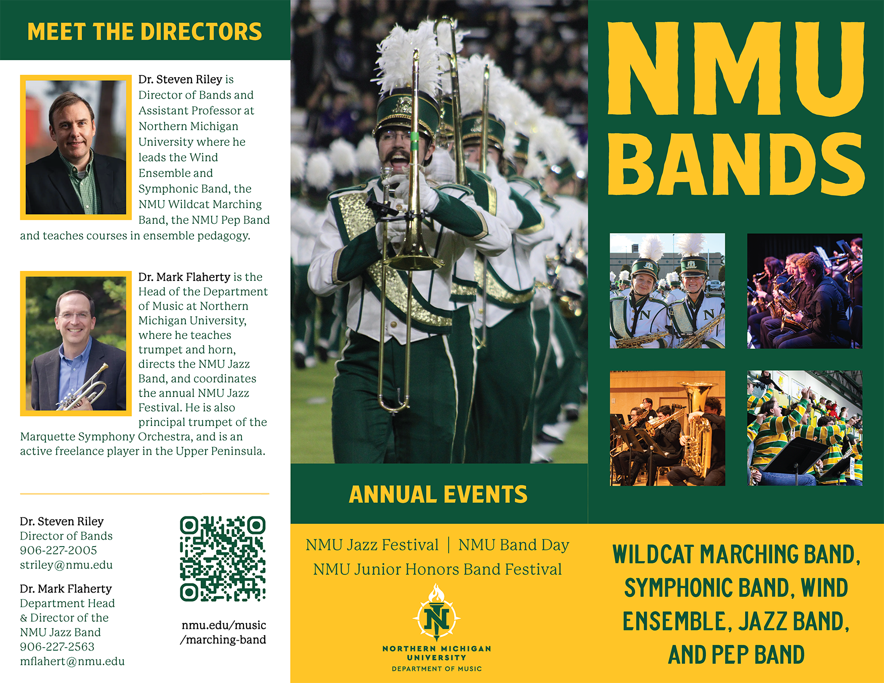 Outer spread of a tri-fold informational brochure for Northern Michigan University's Band Program.