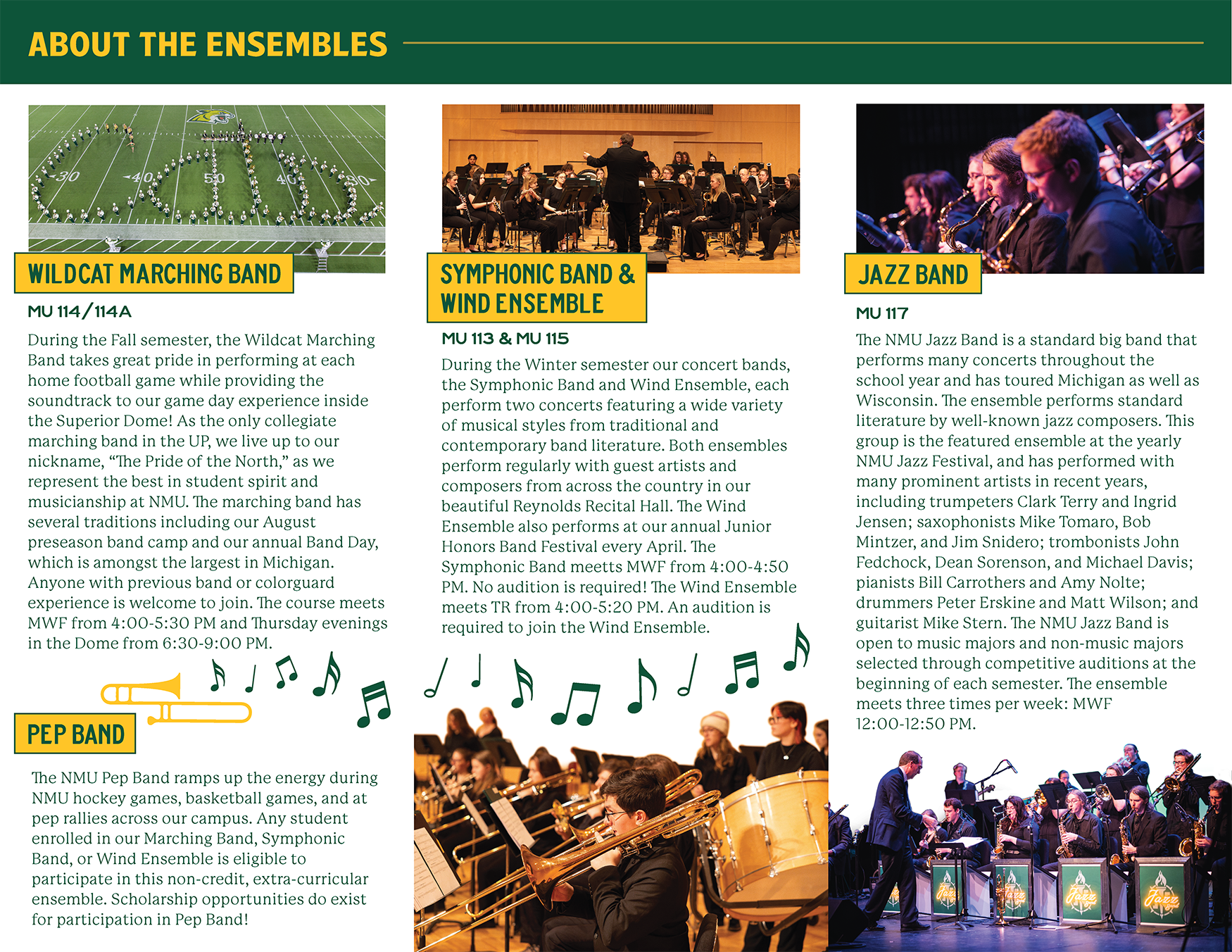 Inner spread of a tri-fold informational brochure for Northern Michigan University's Band Program.