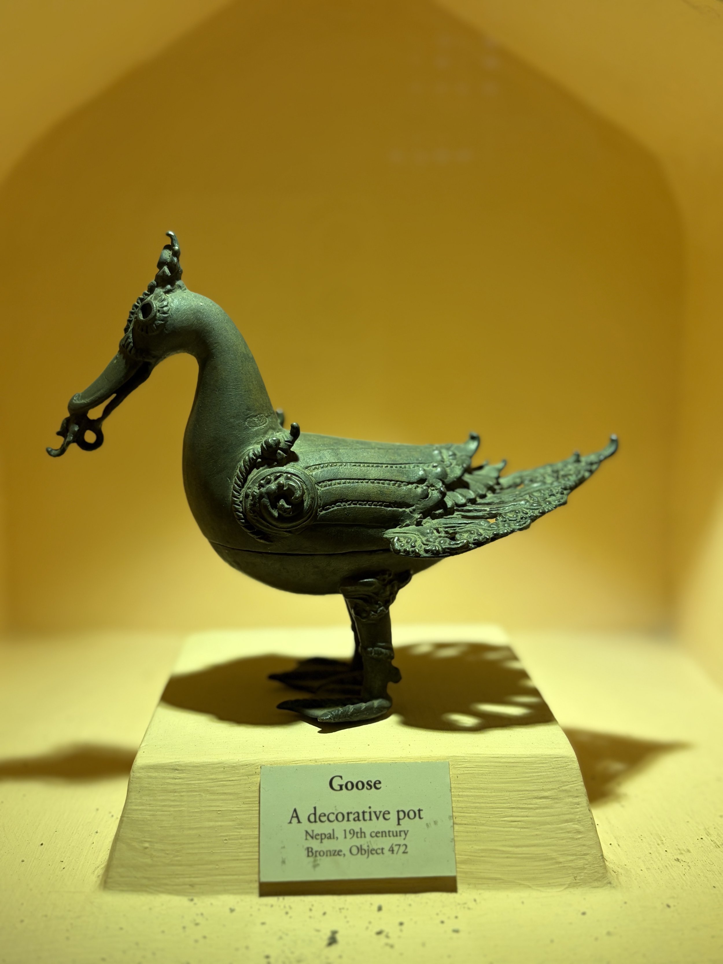 Bronze decorative pot shaped like a goose, from Nepal, 19th century.