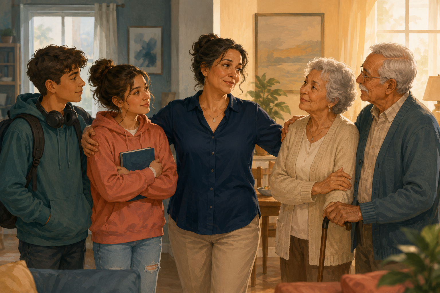 Family gathering in a cozy living room, with an elderly couple and three young adults sharing a heartfelt moment, sunlight streaming through windows in the background.