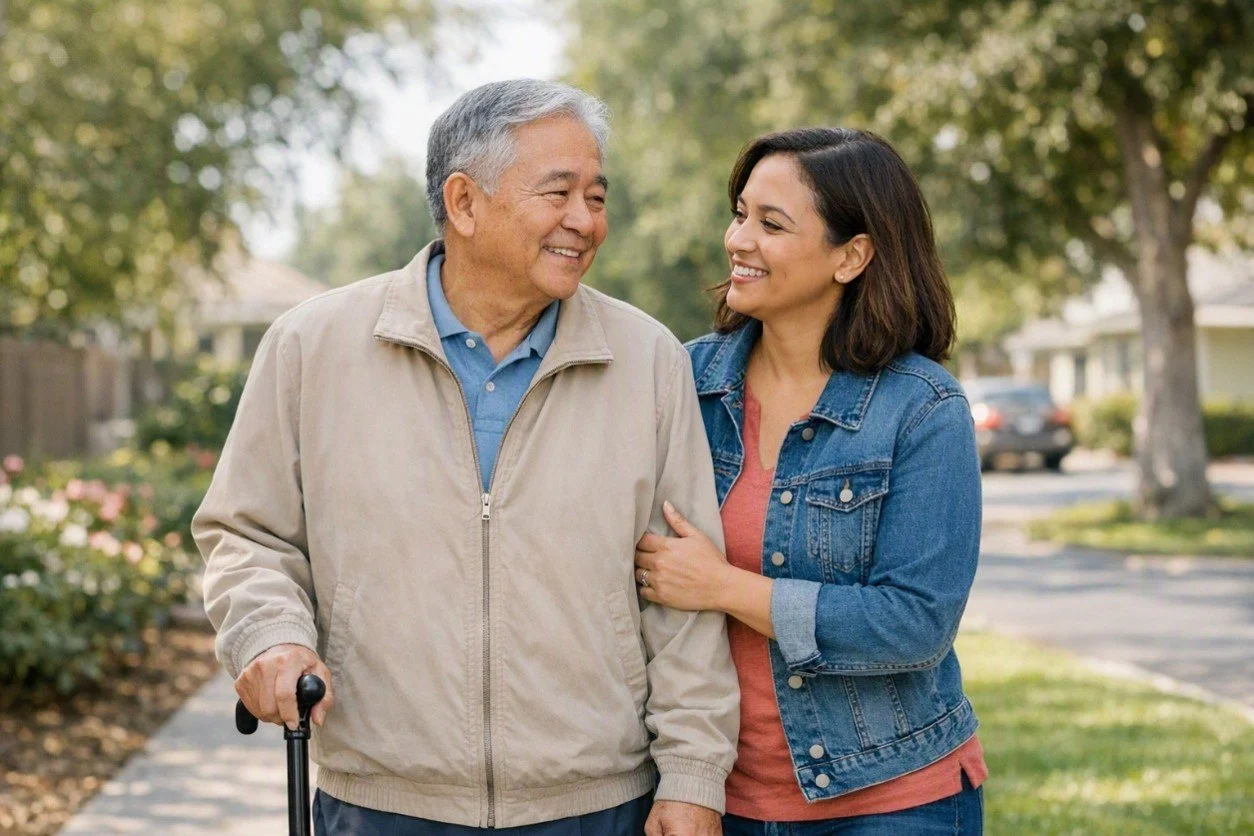 An elderly man walking with a cane and a woman smiling and holding his arm on a sidewalk in a neighborhood with trees and houses.