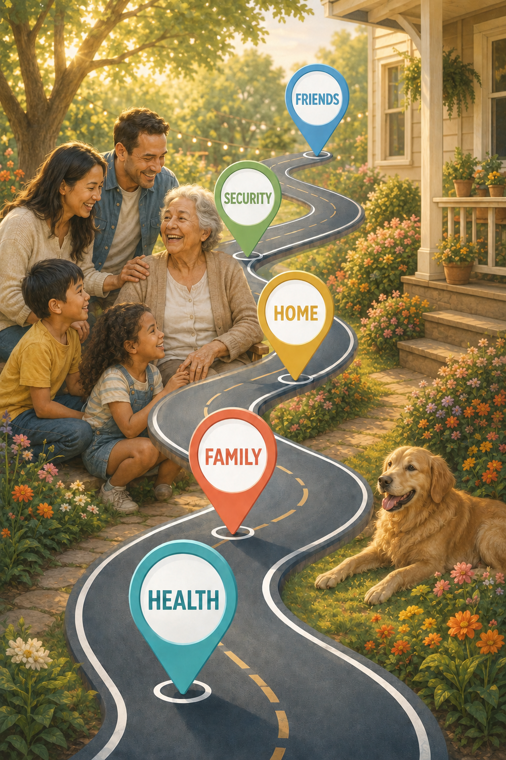 A family of five, including children, parents, and an elderly woman, smiling and enjoying time together outdoors on a sunny day. A golden retriever dog is lying on the grass nearby. A stylized winding road with colorful map markers labeled 'Health,' 'Family,' 'Home,' 'Security,' and 'Friends' is superimposed over the scene, symbolizing a journey.