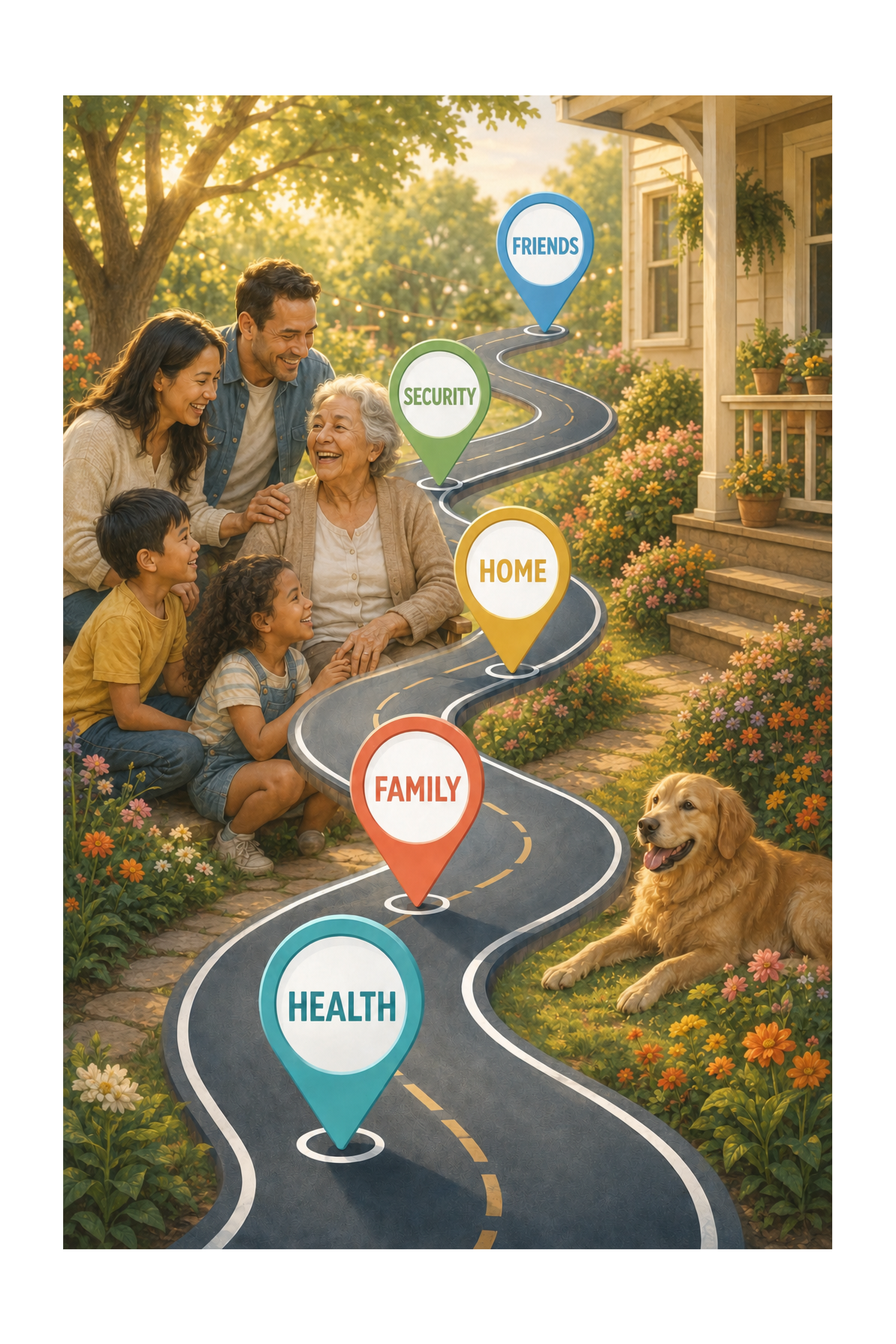 Illustration of a family and their dog on a winding road with markers labeled 'Health,' 'Family,' 'Home,' 'Security,' and 'Friends,' representing life stages or priorities.