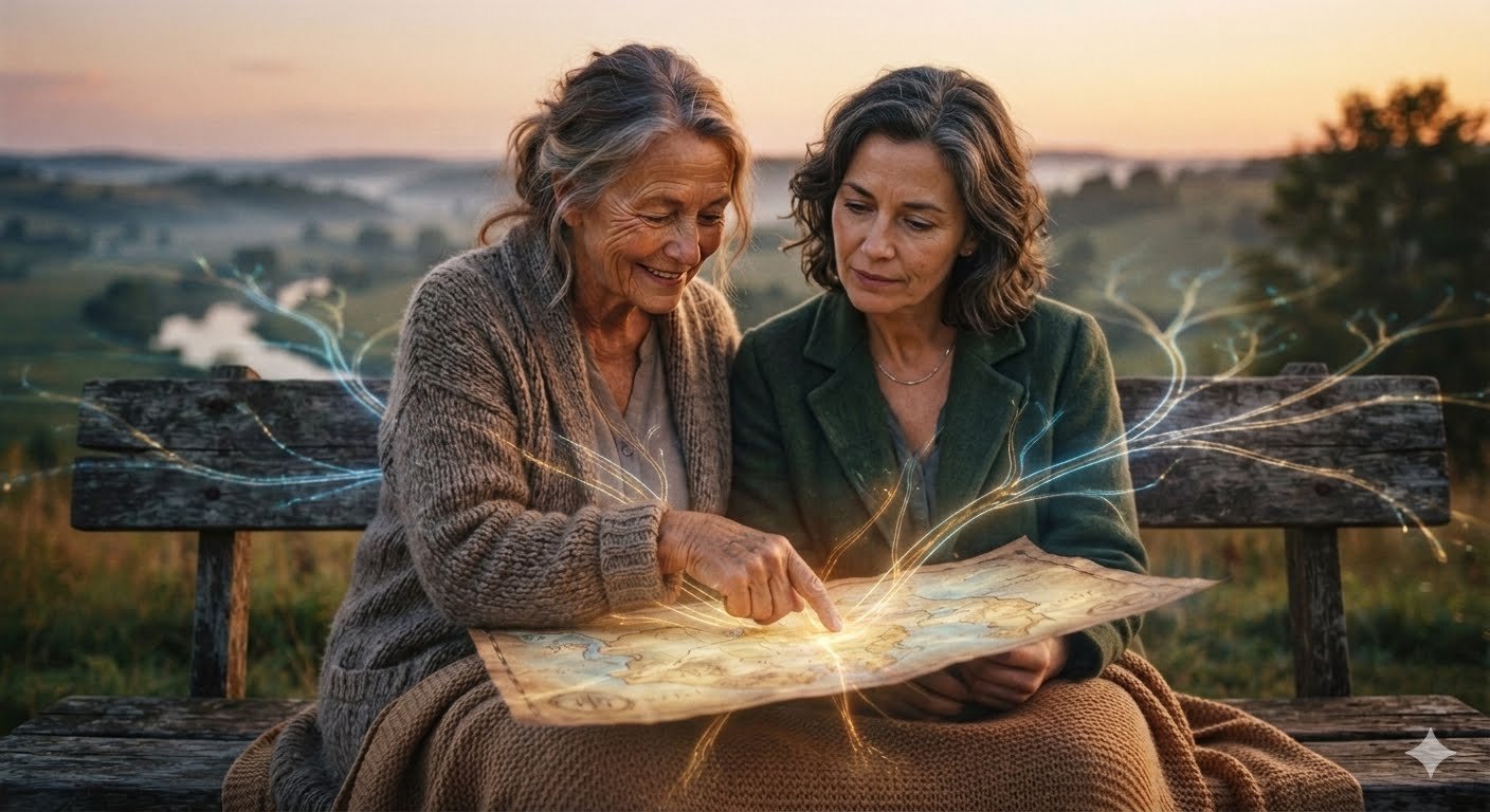 Two women sitting on a park bench, examining a glowing map with digital effects, at sunset in a rural landscape.