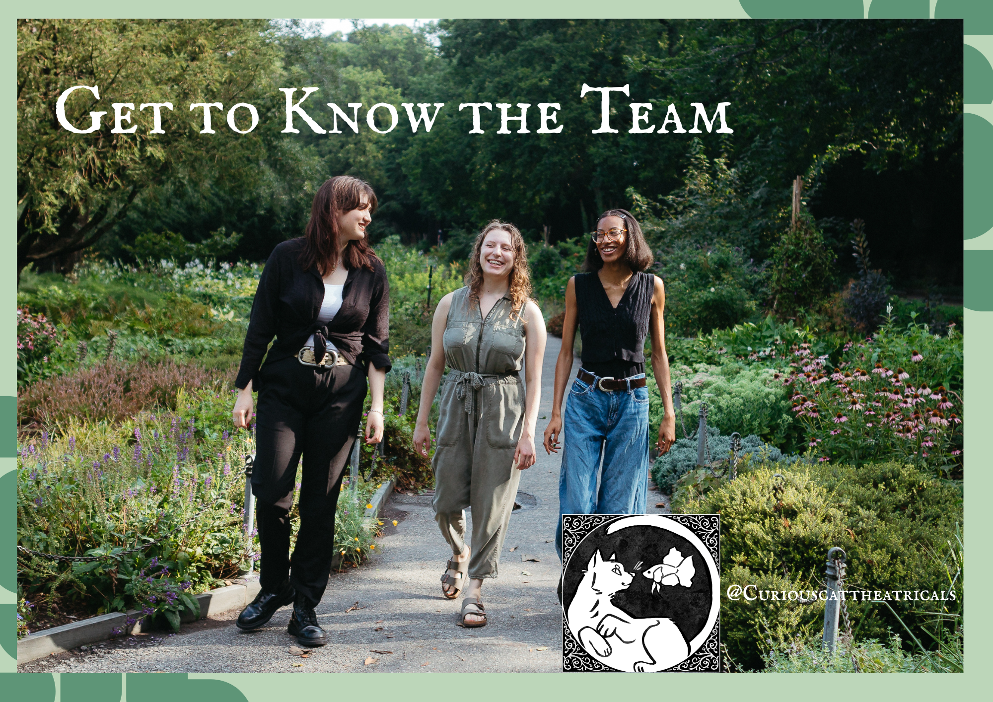 Three people walking in a garden, the producers of the company. 