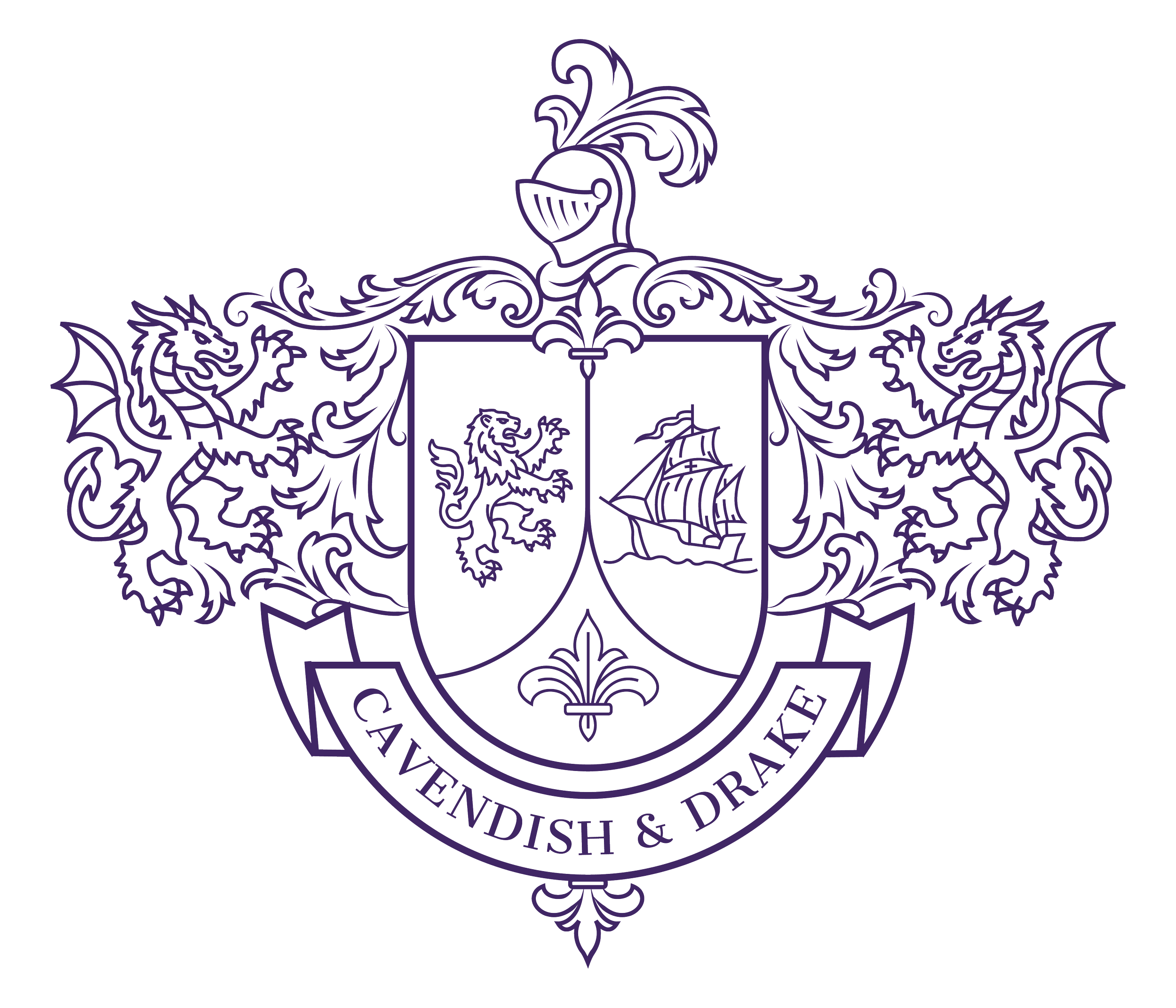 A detailed, intricate crest or emblem featuring a knight's helmet at the top, a lion on the left side, a ship on the right side, and decorative flourishes surrounding a central shield. The emblem is outlined in purple on a black background, with some text at the bottom that appears to read "VENDISH & DR".