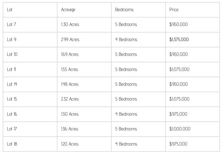 Table listing various lots with details of acreage, number of bedrooms, and prices. Lots range from 1.20 to 2.99 acres, with houses having 4 or 5 bedrooms, and prices between $950,000 and $1,375,000.