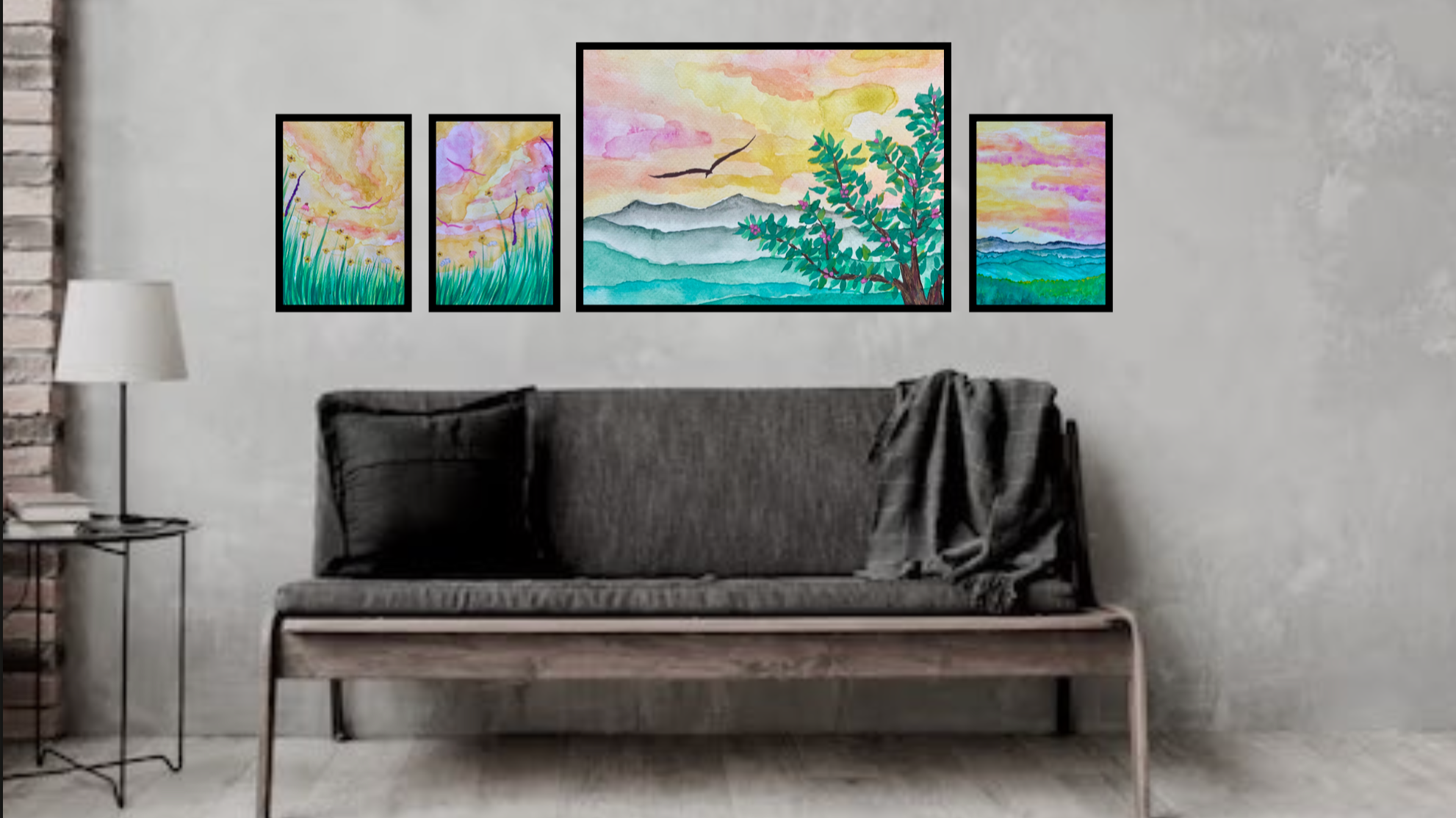 This is a picture of a sitting area with a gray couch and metal side stand with whimsical watercolors, wall art on the wall. The Degrees of Infinity Roan Mountain Collection.