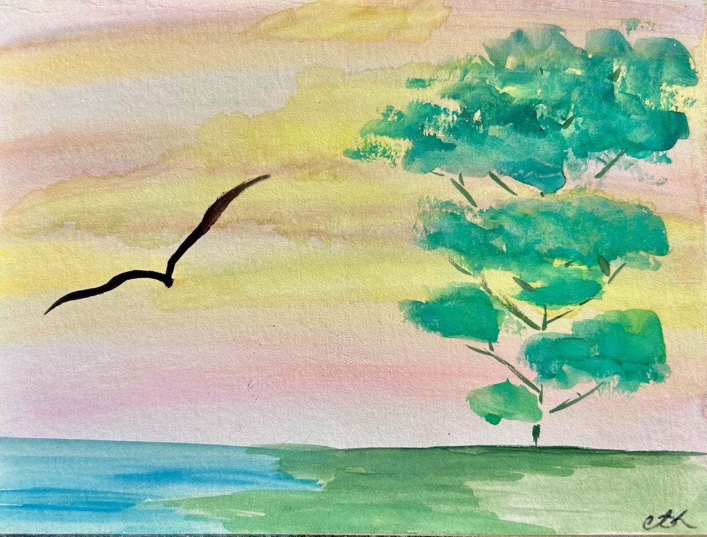 Watercolor painting of a flying bird, green tree, grassy ground, and sky with yellow and pink hues.
