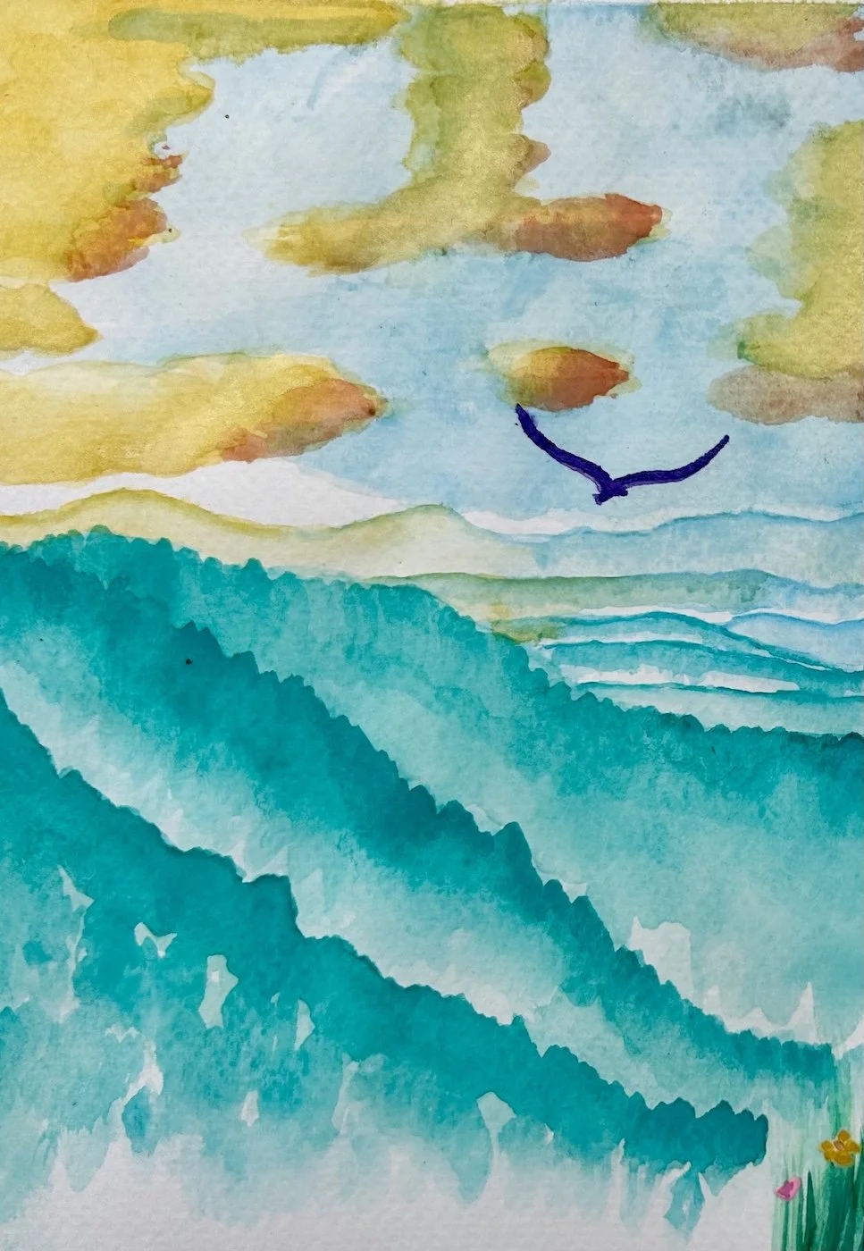 Colorful watercolor painting of a seascape with a bird flying above the water, yellow and green sky, and flowers at the bottom right corner.