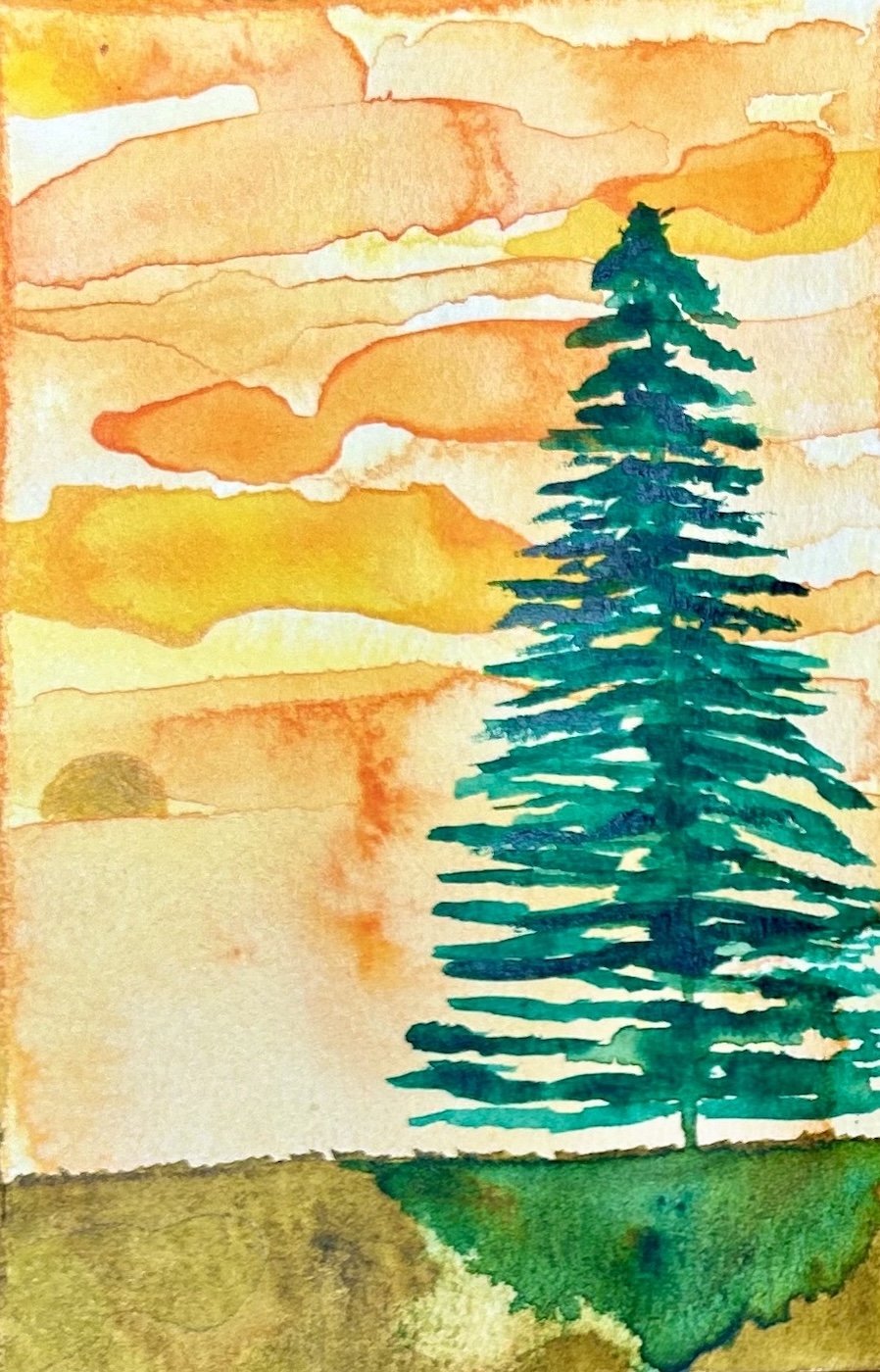 Watercolor painting of a teal pine tree on grassy land with a sunset sky featuring orange, yellow, and pink clouds.