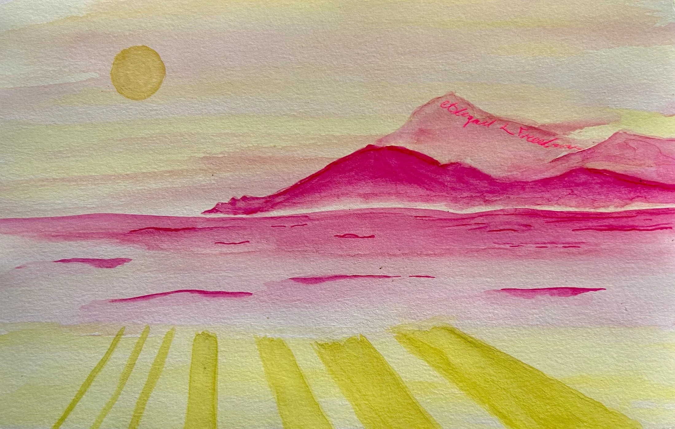Watercolor painting of a landscape with pink mountains, yellow sun, and yellow rays in the sky.