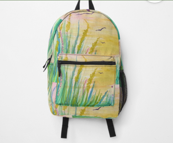 Colorful backpack with a landscape design, featuring mountains, trees, and birds, with a front zip pocket and black straps.