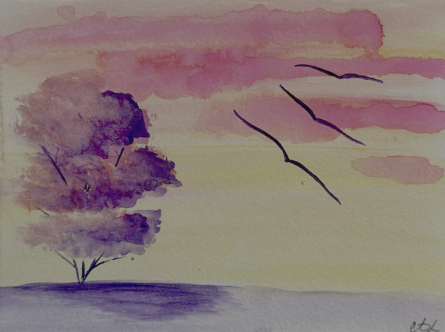 Purple tree with three birds flying above and yellow skies with the sun setting