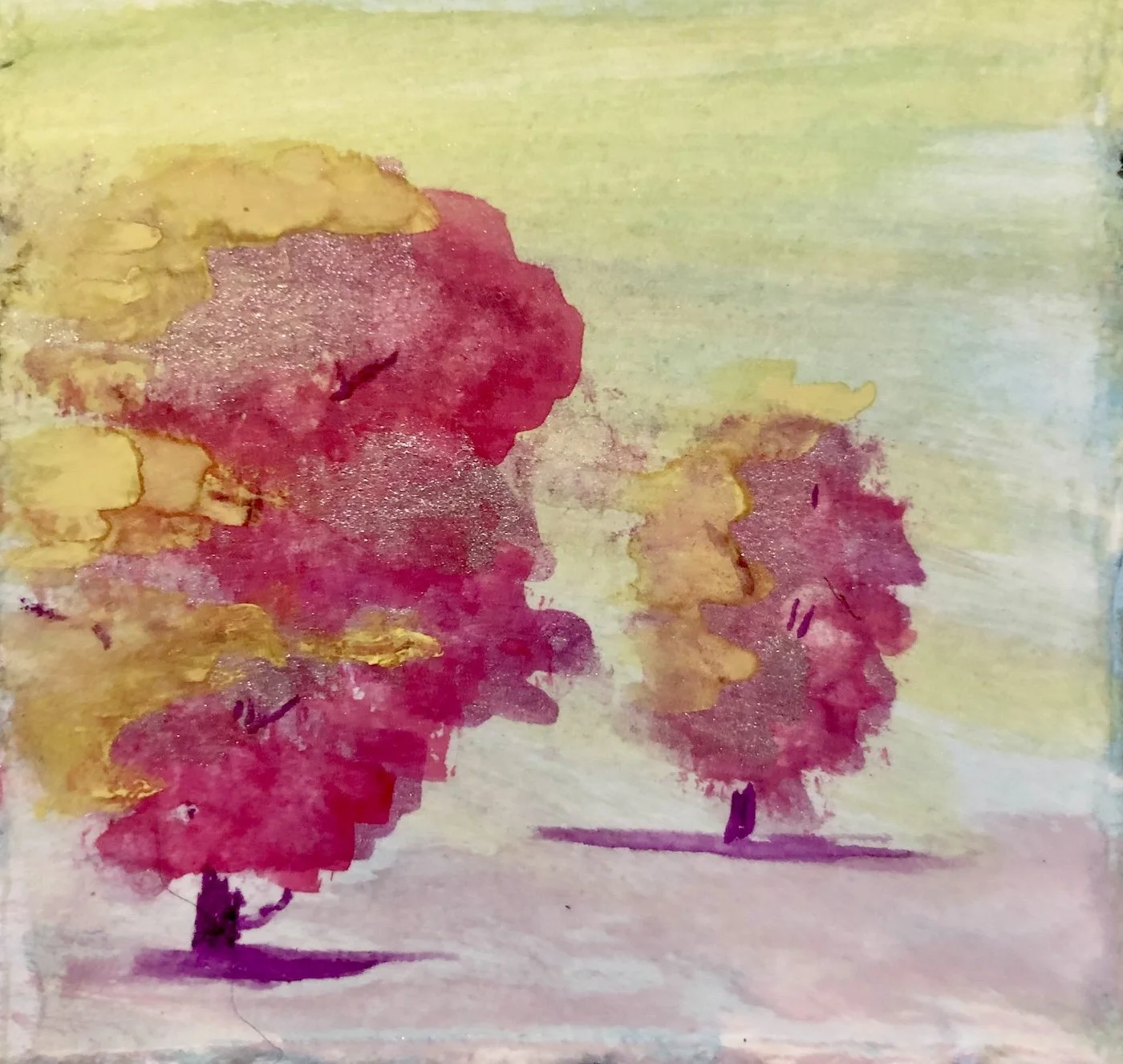 Watercolor painting of three pink and yellow trees with green and yellow background