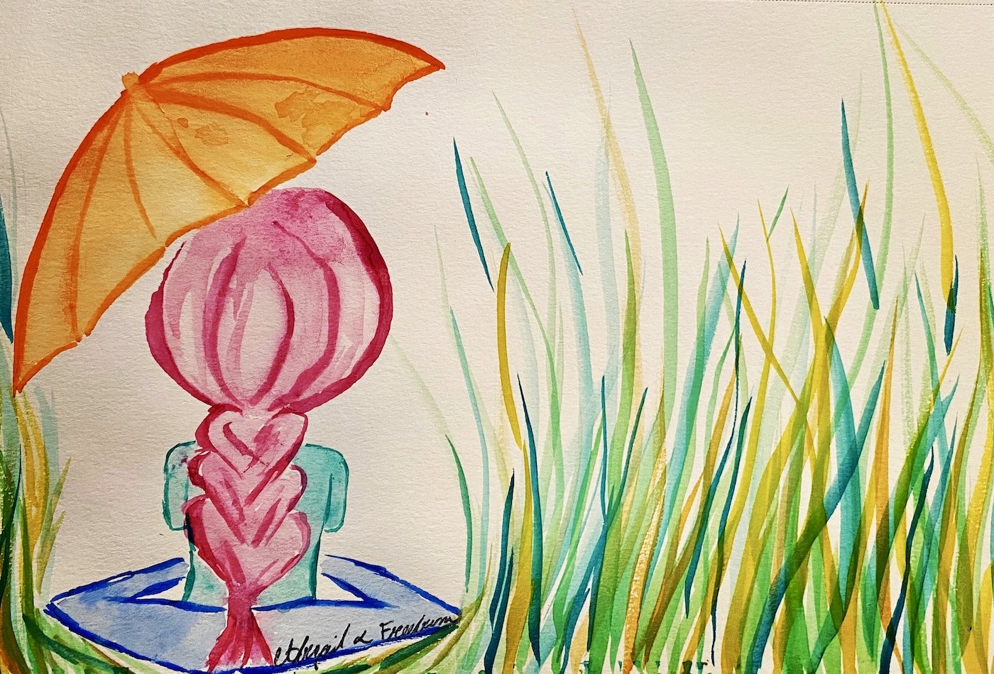 Watercolor painting of a woman with pink hair holding an orange umbrella, sitting on a blue towel among tall green grass.