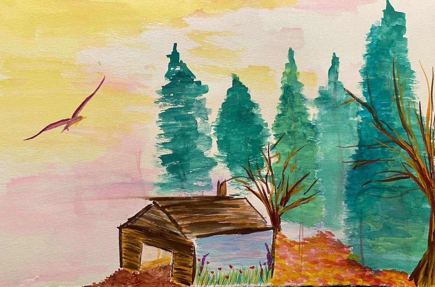 A watercolor painting of a landscape with tall blue-green trees, a small wooden shed, colorful flowers, a pink bird flying, and a yellow sky.
