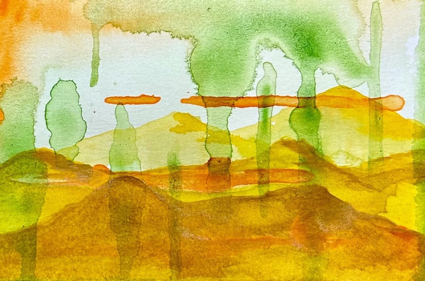 Abstract watercolor painting with green, orange, and yellow hues, resembling a landscape with trees and hills.