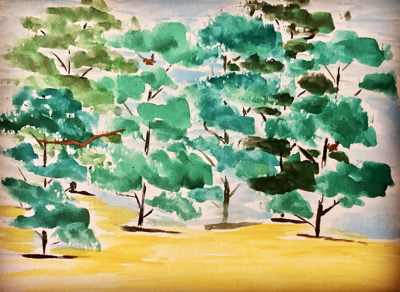 A watercolor painting of a lush green forest with trees, some birds in the sky, and a yellow ground