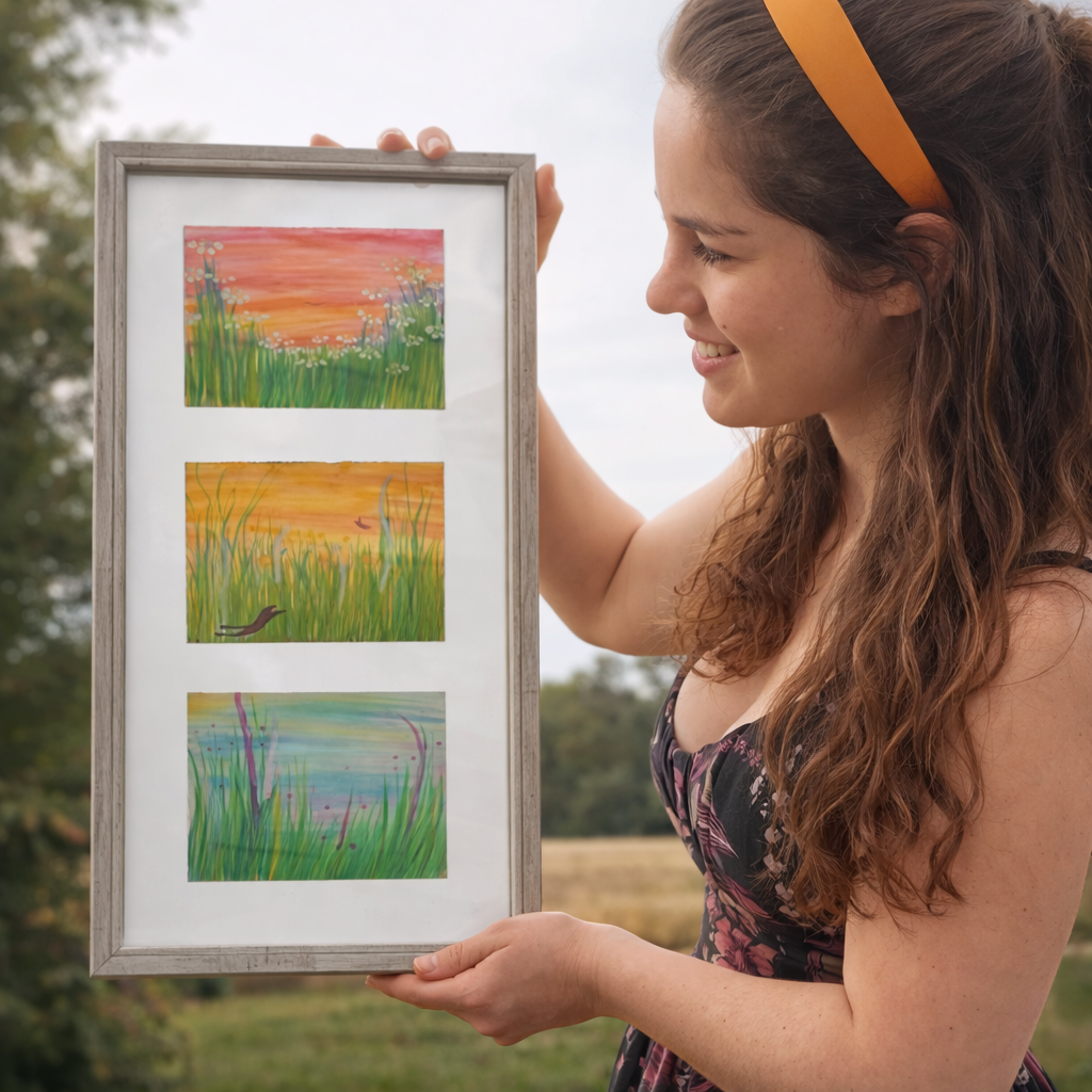 The Artist, Abigail Lynn holding watercolor paintings of landscapes