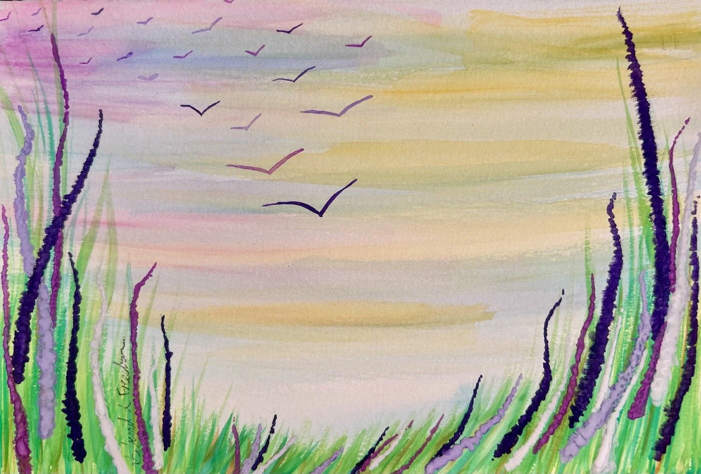 Watercolor painting of a sky with pastel colors and a flock of black birds flying overhead, surrounded by tall green and purple plants.