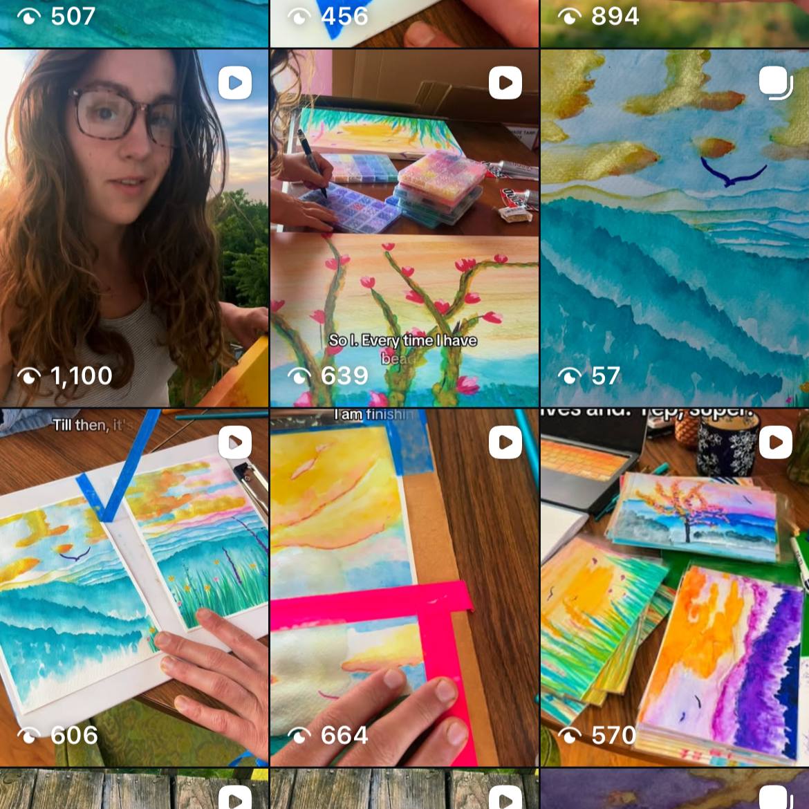 The artist's Instagram homepage showing various steps in their process