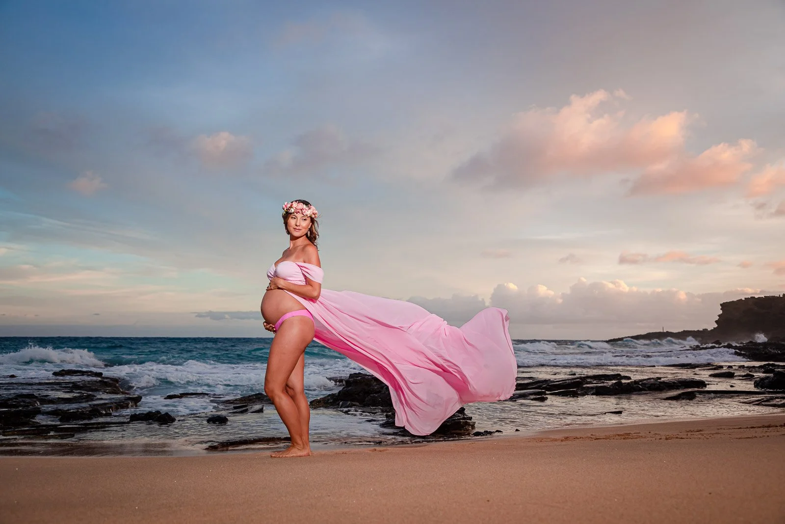 blowing gown maternity sunset photography