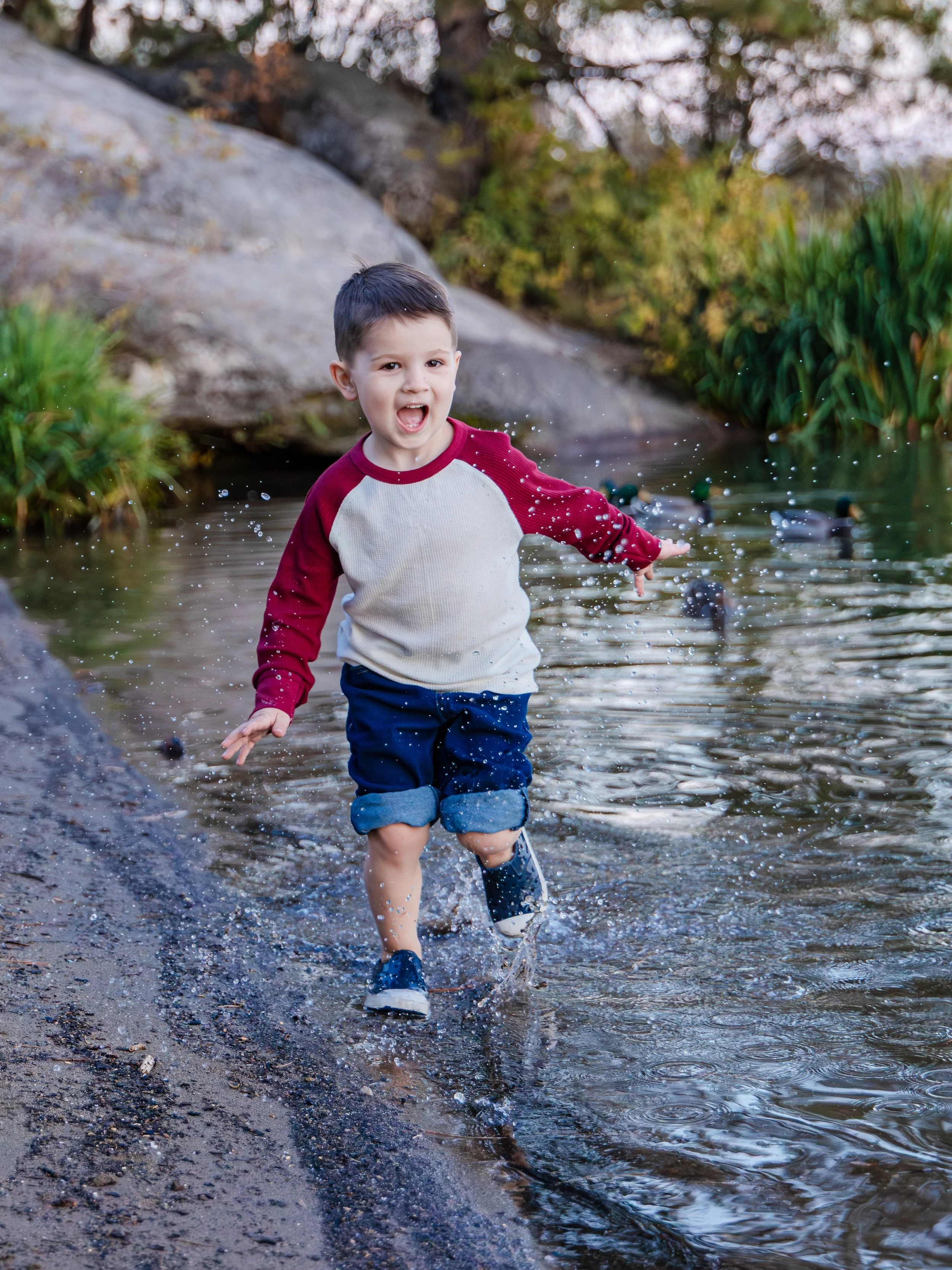 young boy playing in river spokane family photographer