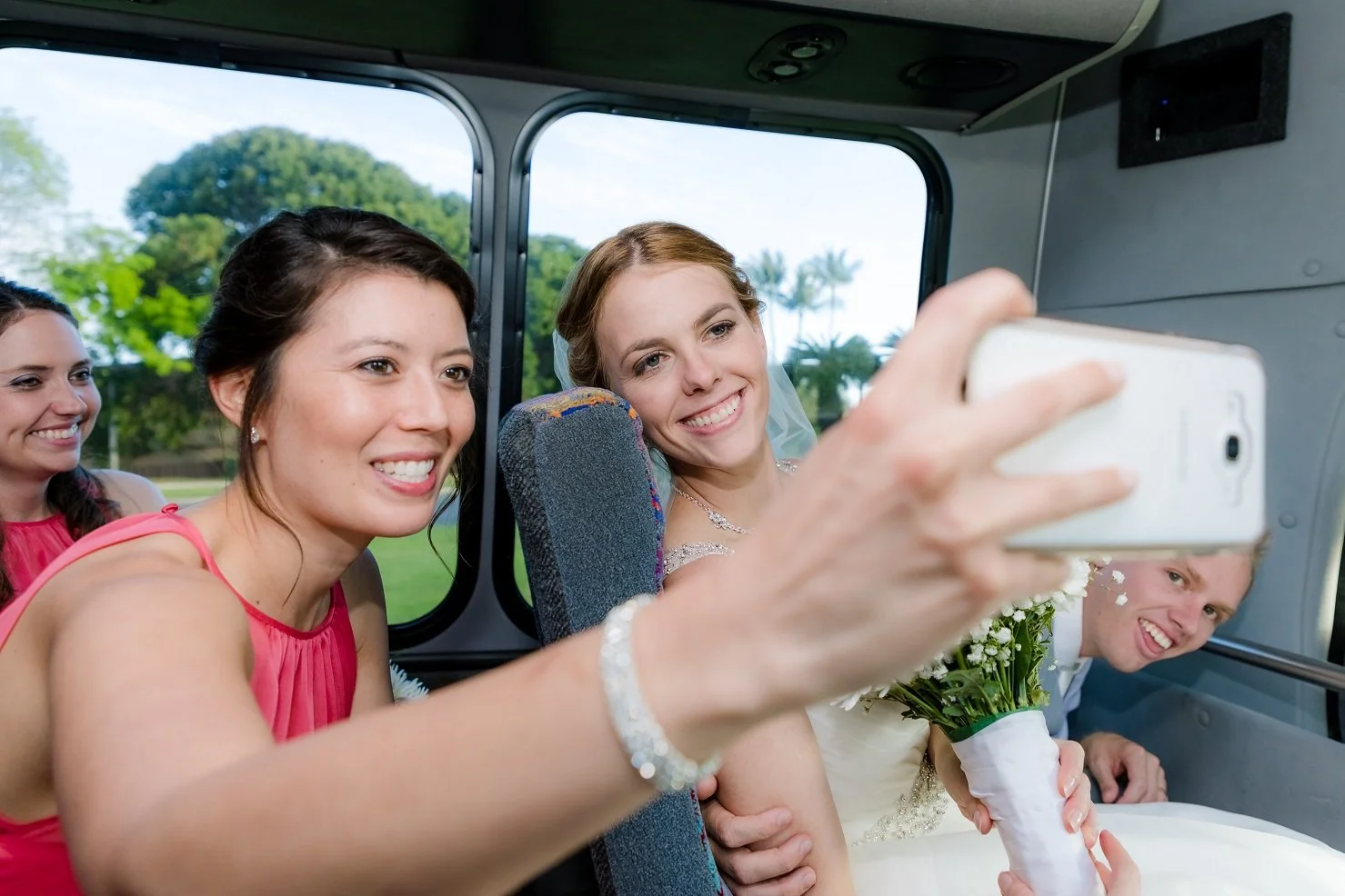spokane wedding bus bride bridesmaids posing