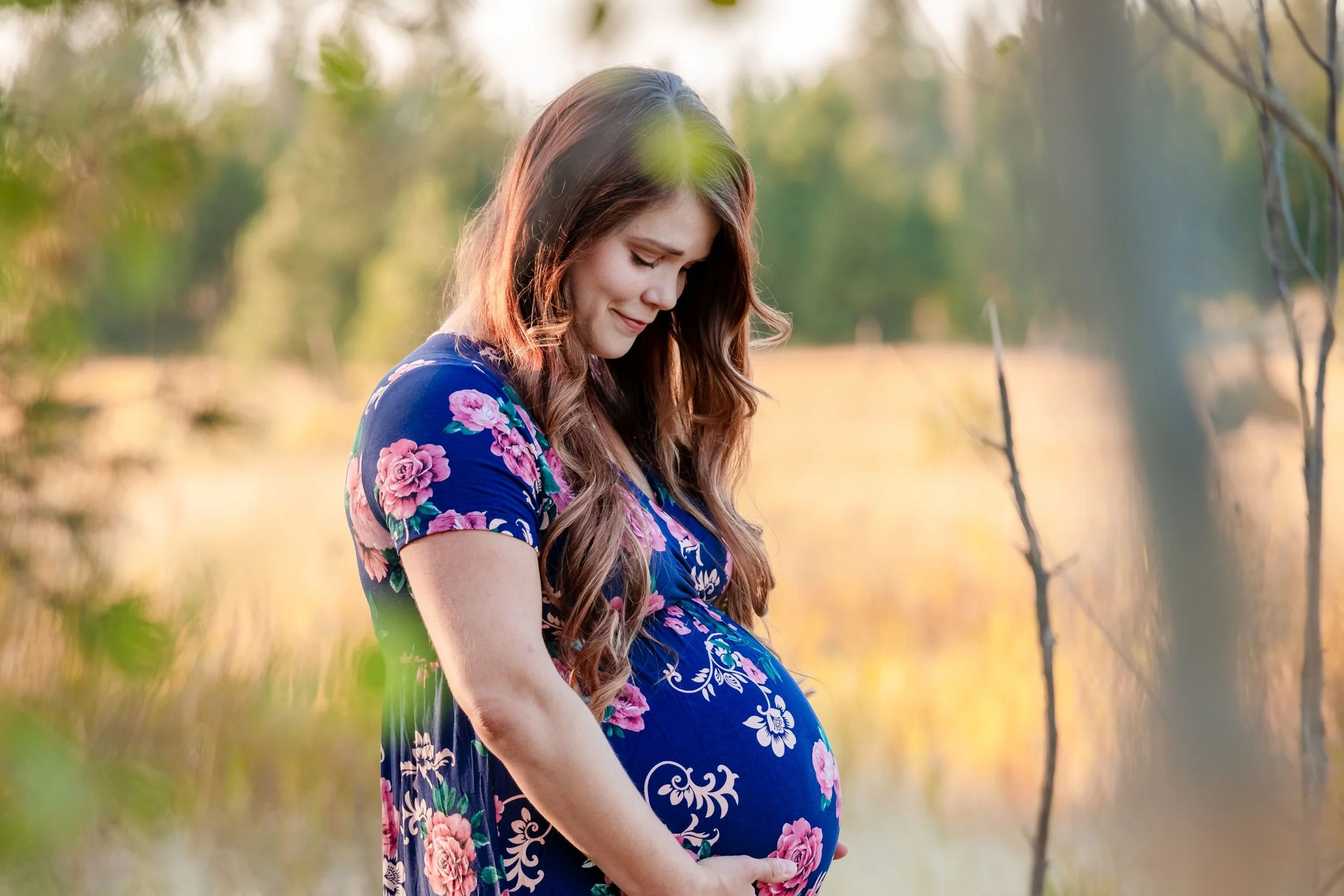 baby bump maternity portrait in mountain meadow