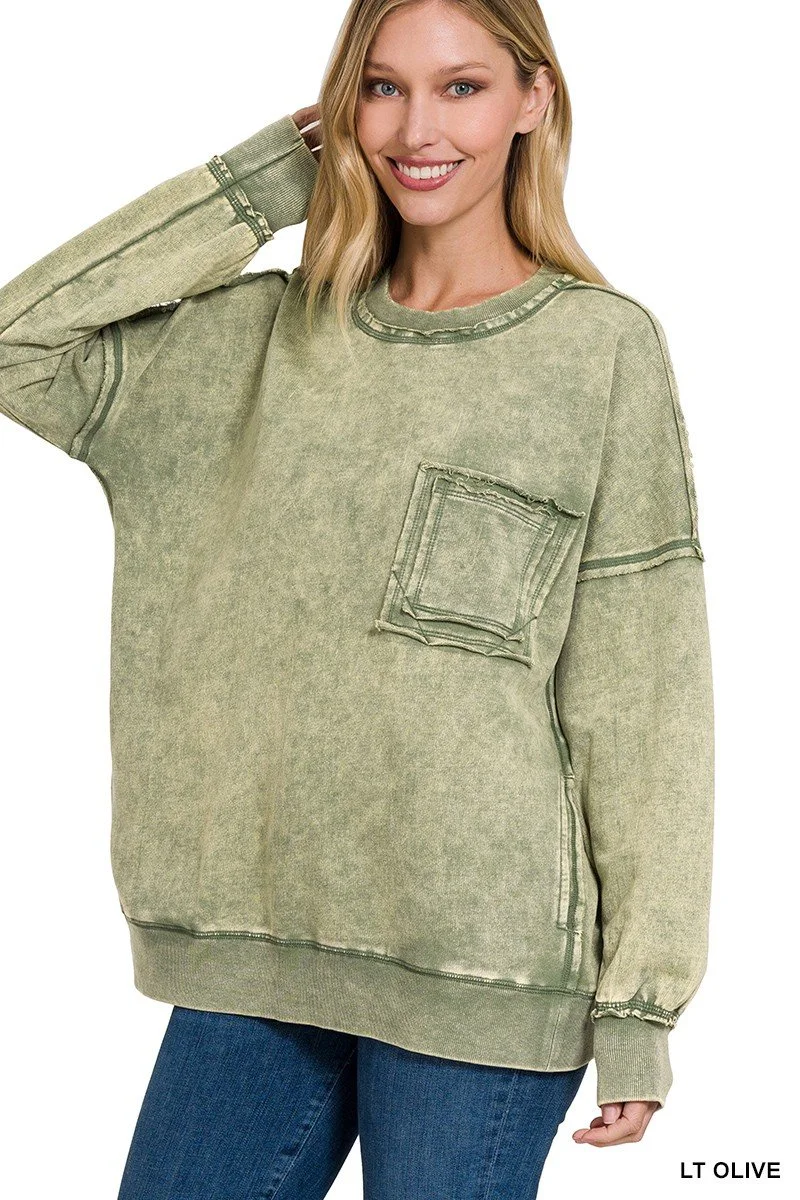French Terry Acid Wash Raw Edge Front Pocket Pullover by Zenana