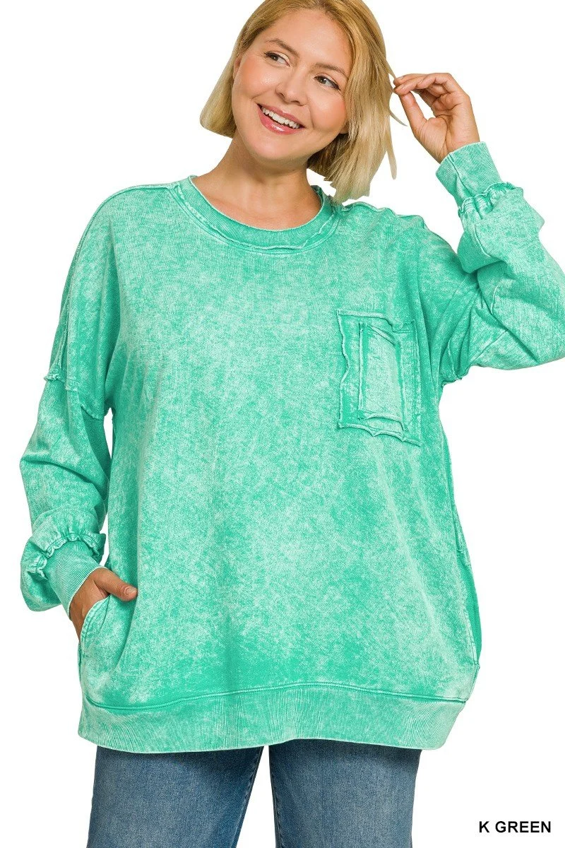 Plus Size French Terry Acid Wash Raw Edge Front Pocket Pullover by Zenana