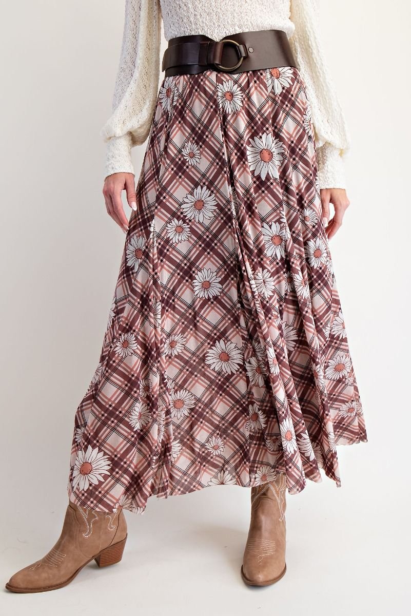 Boho Floral Plaid Maxi Skirt