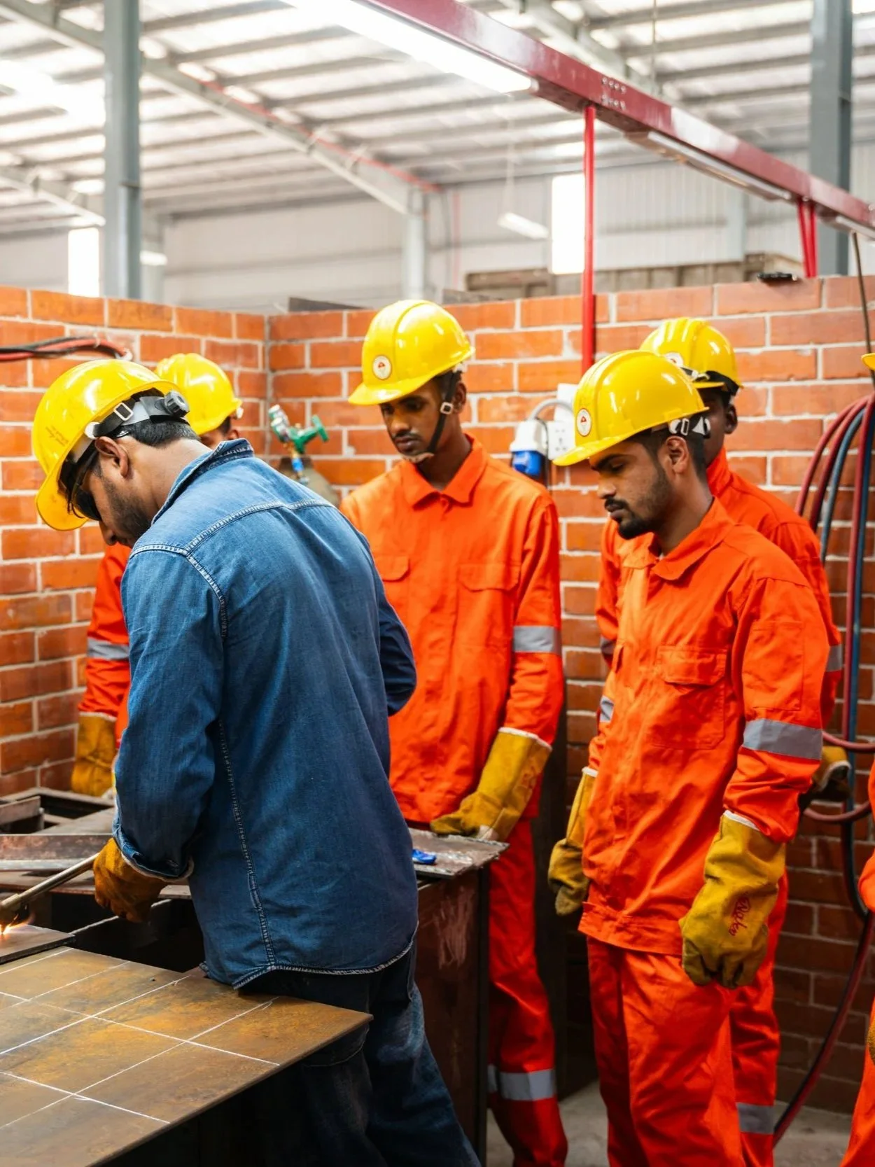 Group of construction workers wearing yellow safety helmets and orange uniforms gathered around a table at a construction site with brick walls and metal beams.
