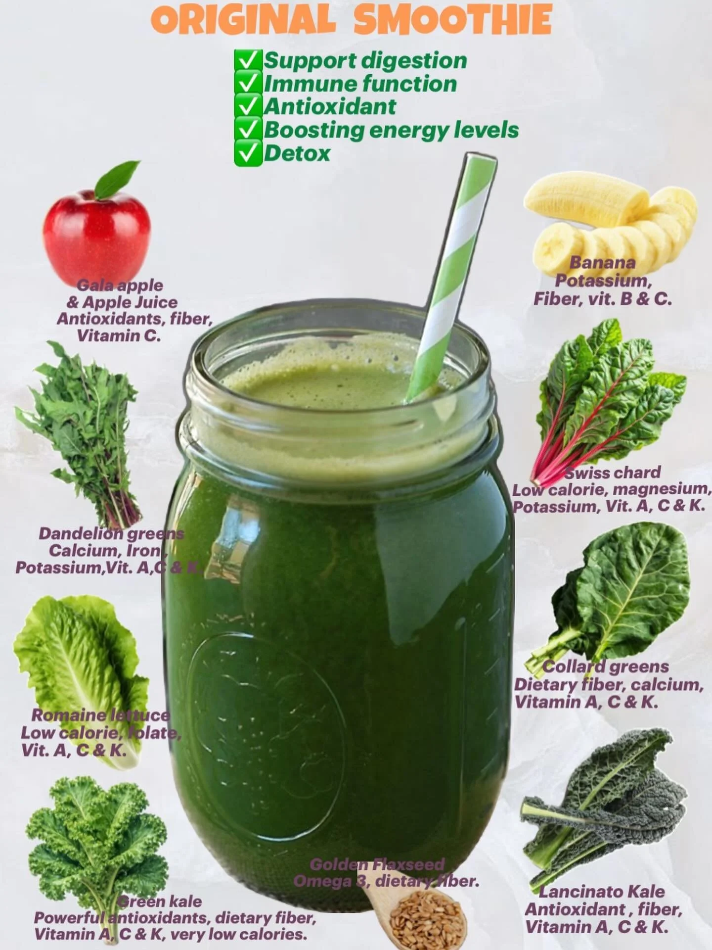Our #1 Original smoothie in the greens menu is definitely one of the best seller, this is the easy way to get your first experience into the green smoothies world, everything than your body needs to have all of those fresh vegetables in a cup with a 