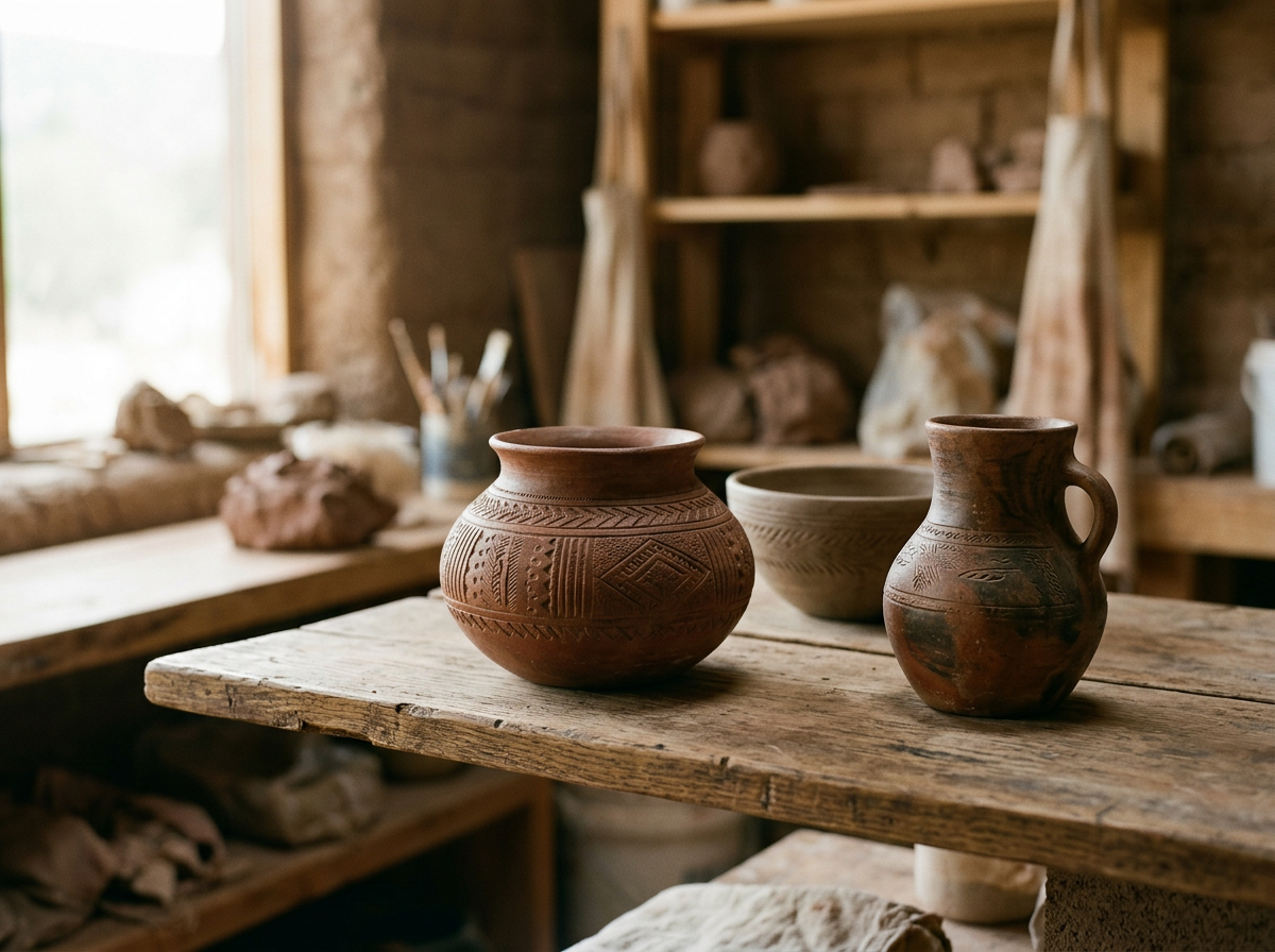 Three handmade pottery vases on a rustic wooden table in a pottery studio with shelves of clay and tools in the background.