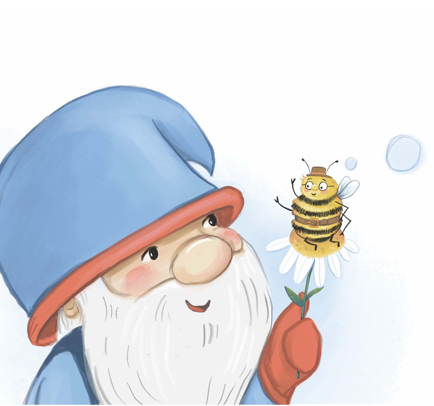 A cheerful gnome with a white beard and red hat holding a flower with a smiling bee sitting on it.