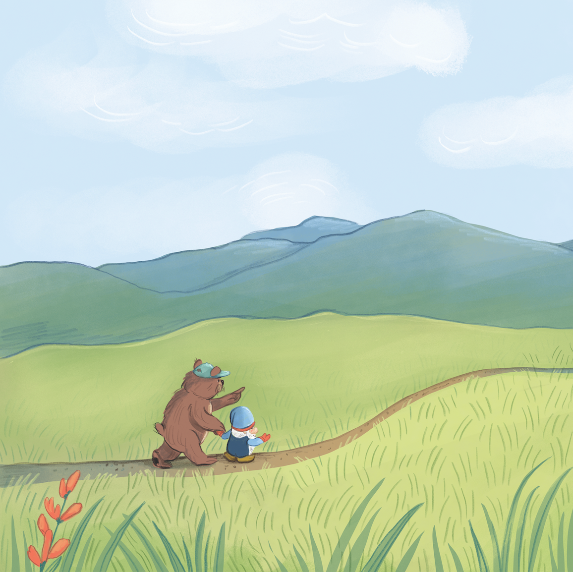 A bear and a small gnome with a blue hat and blue vest are walking on a dirt path through a grassy landscape with mountains and a blue sky with clouds in the background.