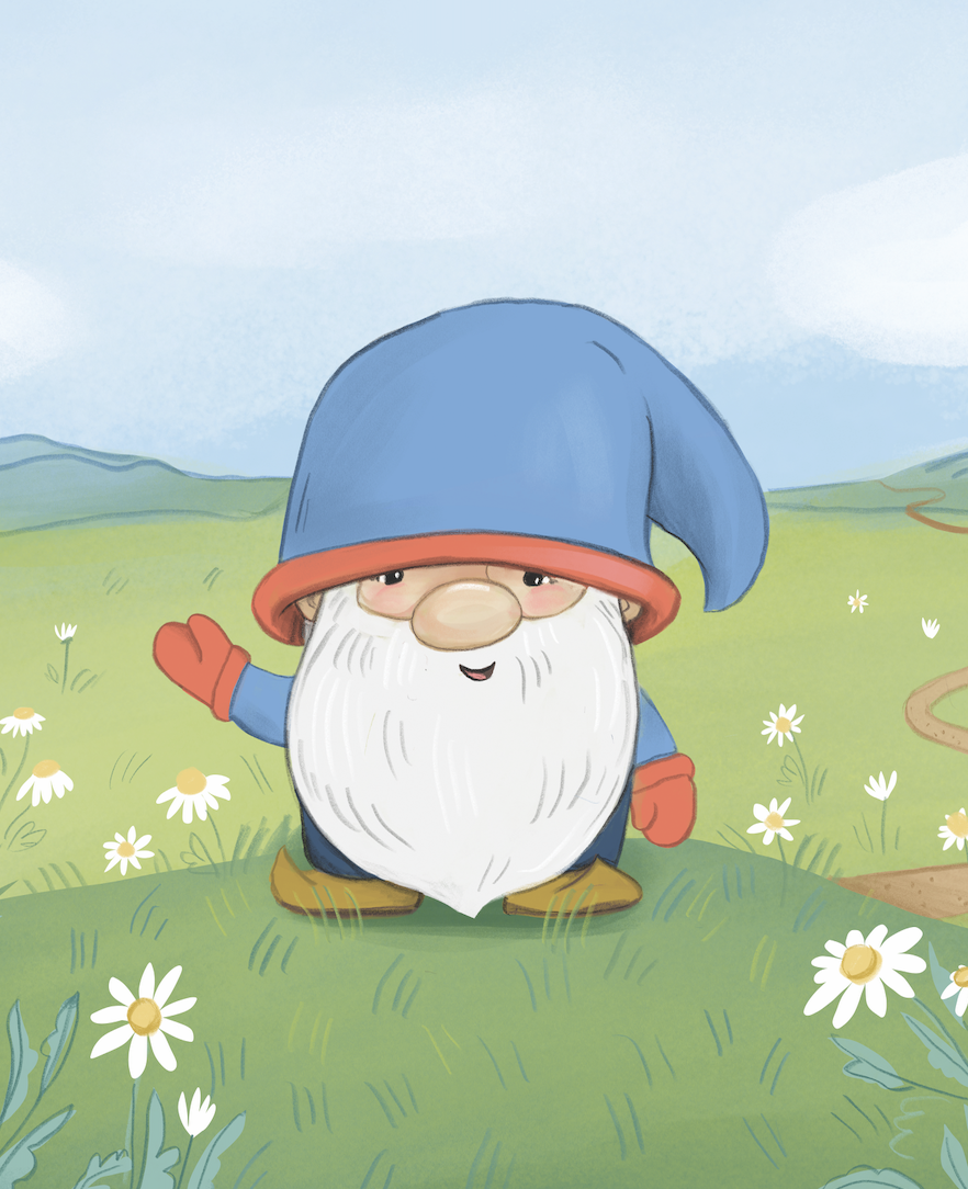 Cute cartoon gnome with a blue hat and red gloves standing in a grassy field with white daisies, green hills, and a cloudy sky in the background.