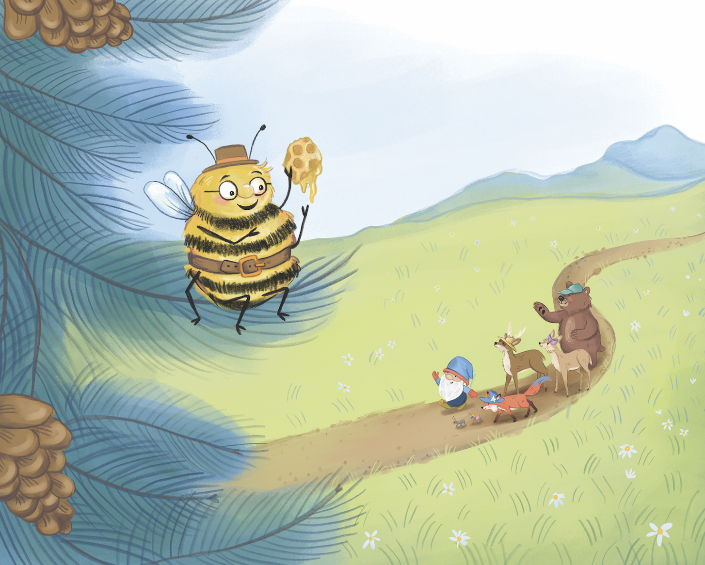 Illustration of a cheerful anthropomorphic bee wearing glasses and a hat, holding a honeycomb, sitting on a large leaf, with a scenic meadow and mountains in the background. On the trail below, a gnome, bears, deer, fox, mice, and some birds are walking together in a peaceful, outdoor setting.