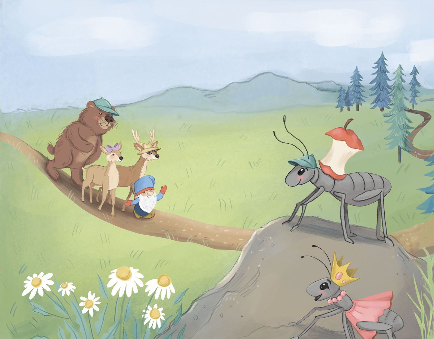 Cartoon scene with forest animals and gnome in a grassy landscape with trees and mountains. A bear, two deer, a gnome, and a rabbit with a crown are on a tree branch facing two bugs with crowns and dresses on a rock.