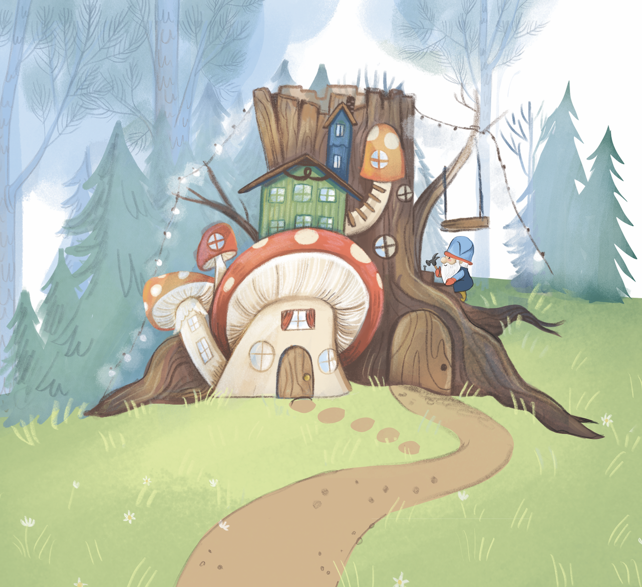 A whimsical fairy-tale treehouse built into a large tree with mushroom-shaped extensions, surrounded by lush green grass and tall pine trees. A small gnome with a blue hat and beard is sitting on a branch smoking a pipe, with a swing hanging from a branch above. The background features a serene forest with soft, pastel colors.
