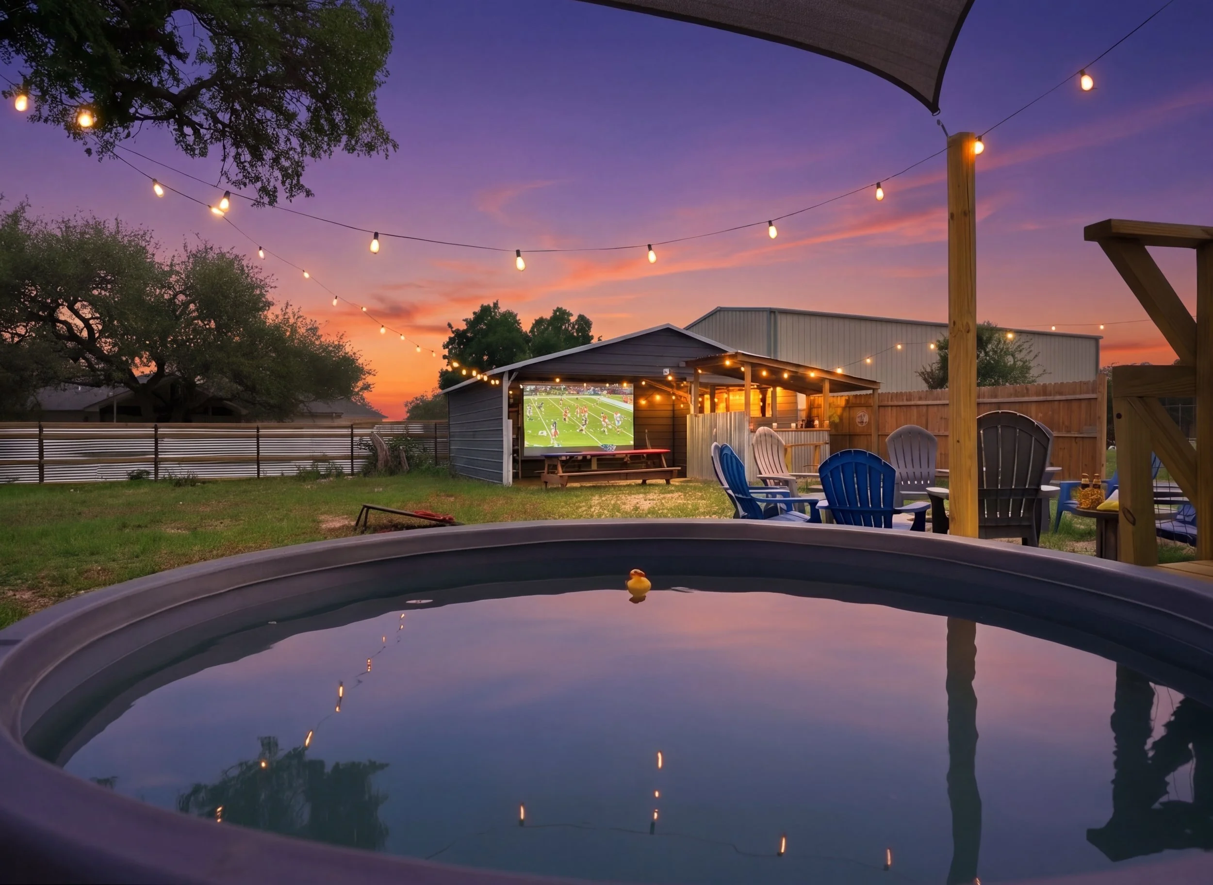 A backyard at dusk with string lights, a large tree, a shed with a TV broadcasting a football game, an outdoor table with chairs, and a hot tub in the foreground. The sky has pink, purple, and orange hues.