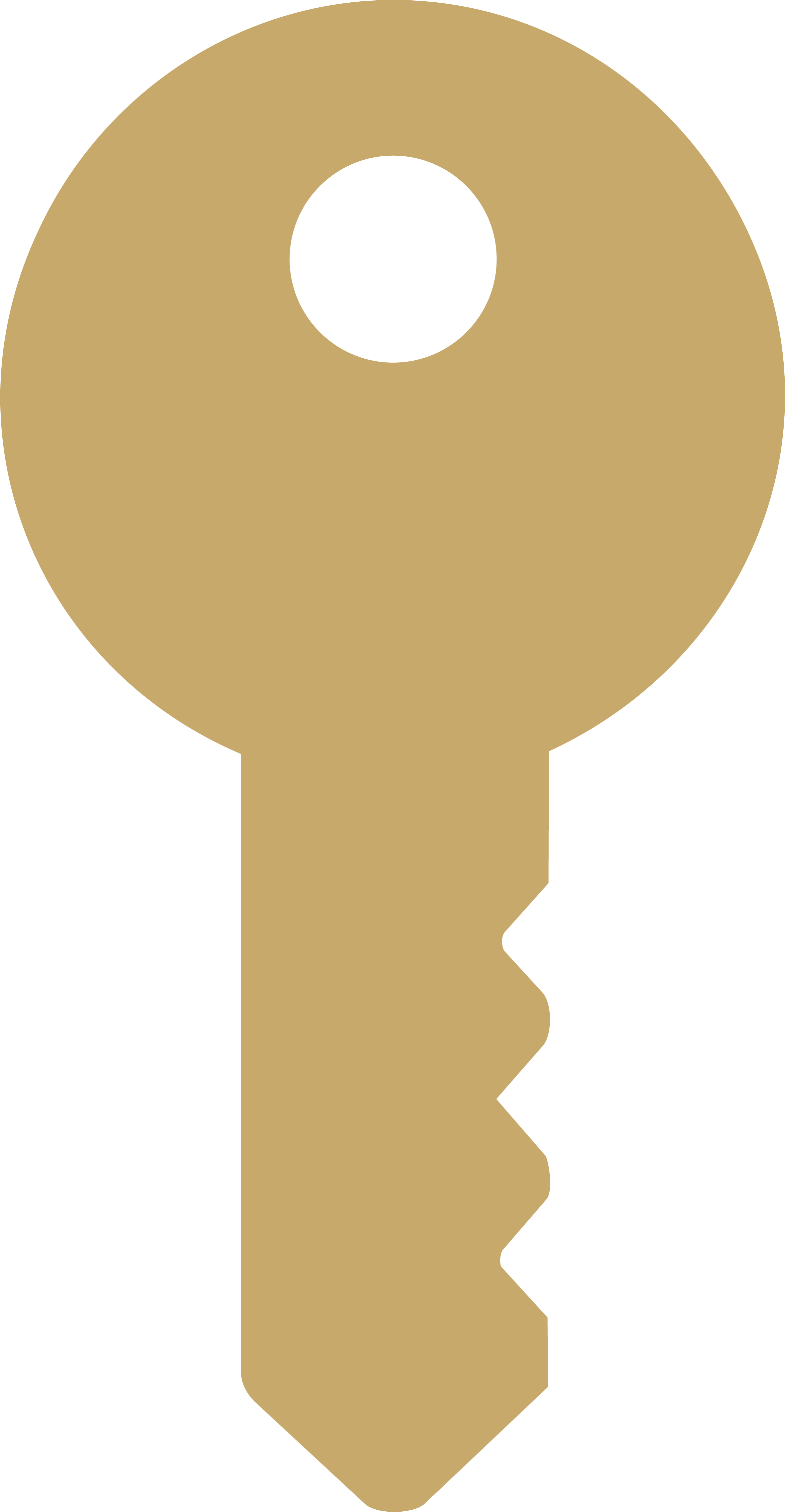 A beige-colored key with a black circular hole in the head, and a jagged edge at the tip.