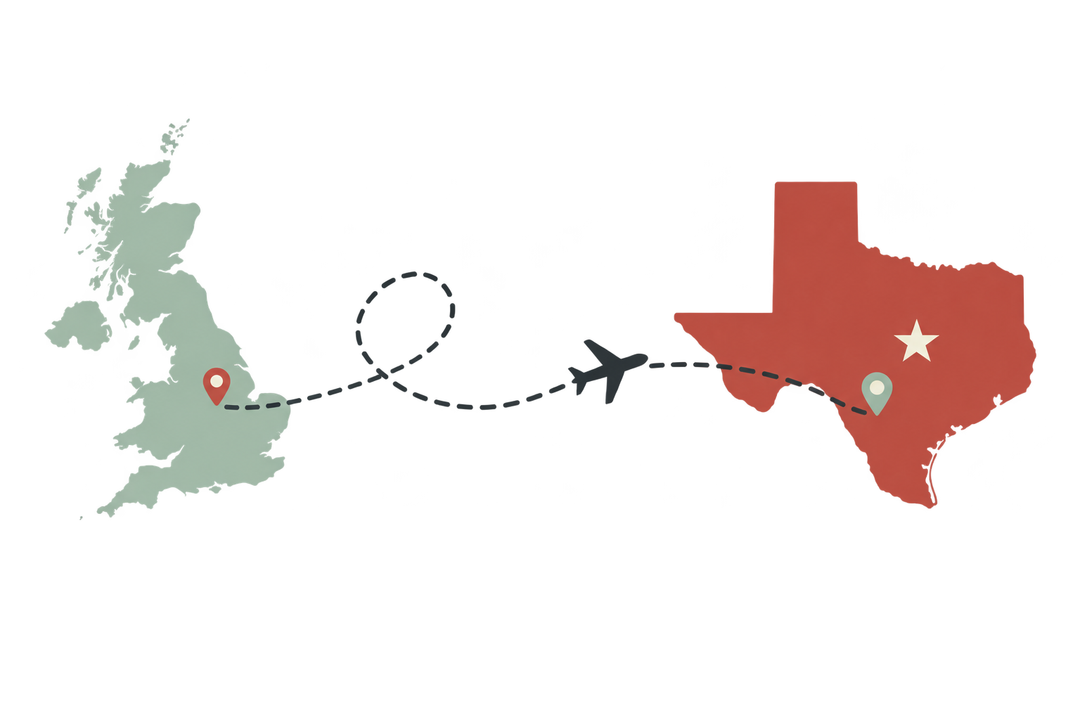 Map showing a route from England to Texas, USA, with icons indicating a starting point in England and destination in Texas.