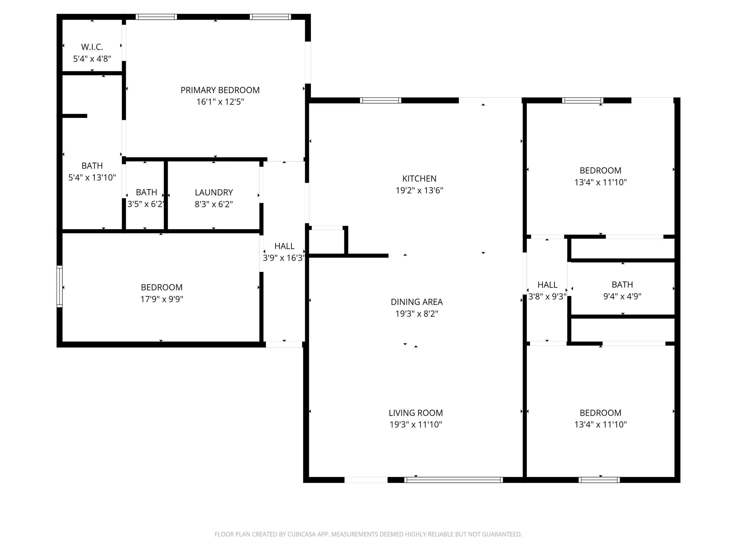 Floor plan showing multiple rooms including two bedrooms, a living room, kitchen, dining area, laundry, and bathrooms, with dimensions labeled.