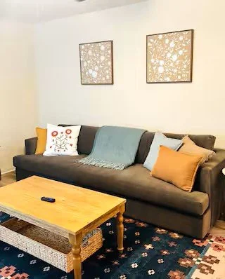 Living room with a dark gray sofa decorated with pillows, a throw blanket, and a wooden coffee table in front. Wall art hanging above the sofa, and a patterned rug on the floor.